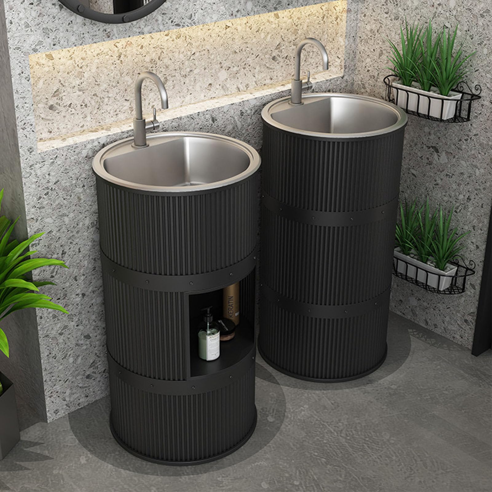 Lavandino a Colonna Moderno in Ferro Battuto, Mobile da Bagno con Lavabo in Acciaio Inox, Lavandino su Piedistallo Freestanding Set con Rubinetto e Scarico (con contenitore,Arancione)