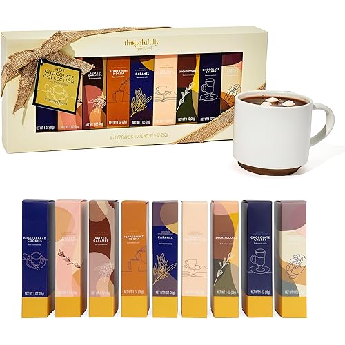 Gourmet Hot Chocolate Gift Set, Flavors Include Salted Caramel, Peppermint, French Vanilla and More, Packaged in Gift Box with Bow, Set of 9
