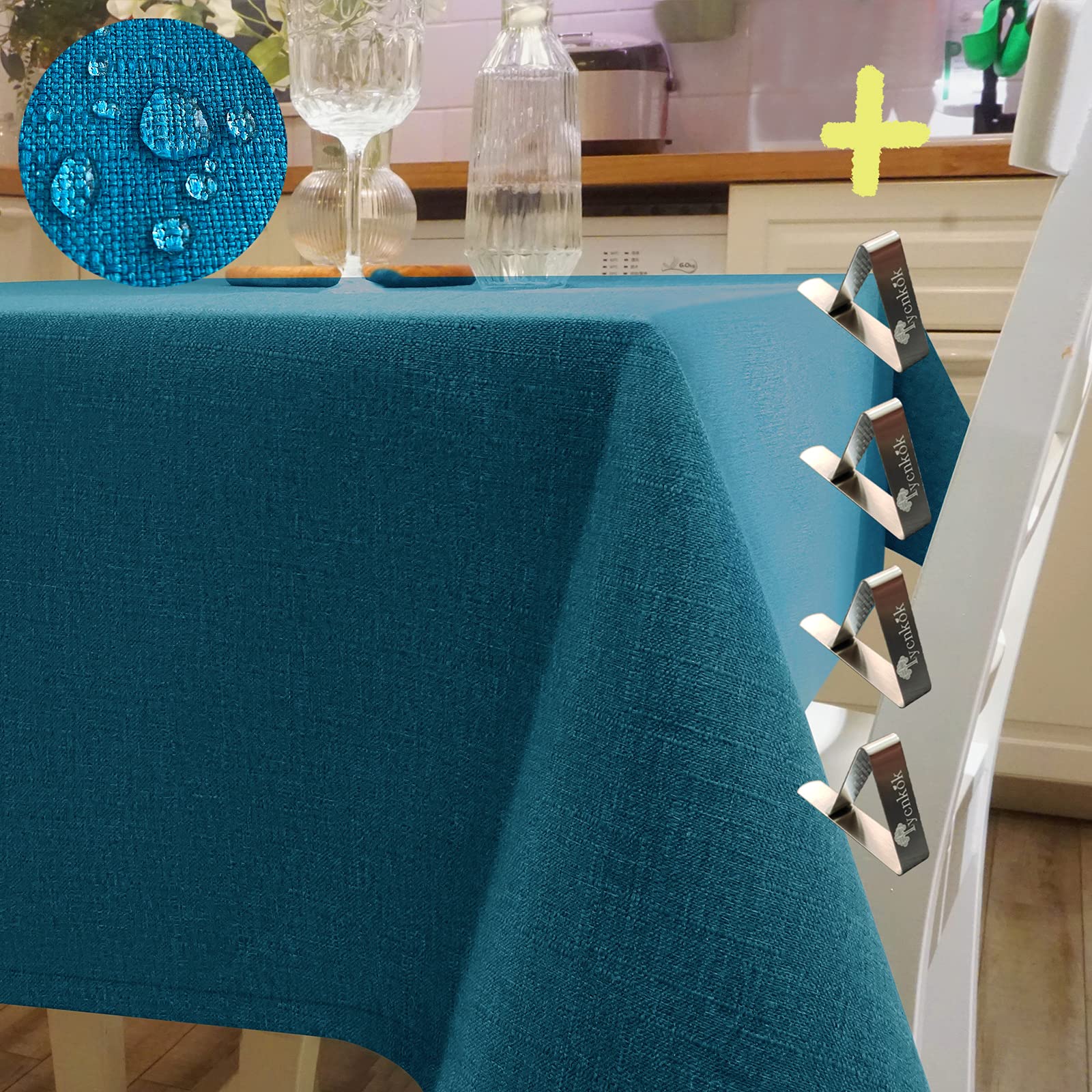 Iycnkok Table Cloth Tablecloth Water Repellent Washable Wipeable 140x180cm(55x71in) Oblong Rectangular Faux Linen Decoration for Patio Kitchen Dinning Tabletop, 4 Clips Included, Blue