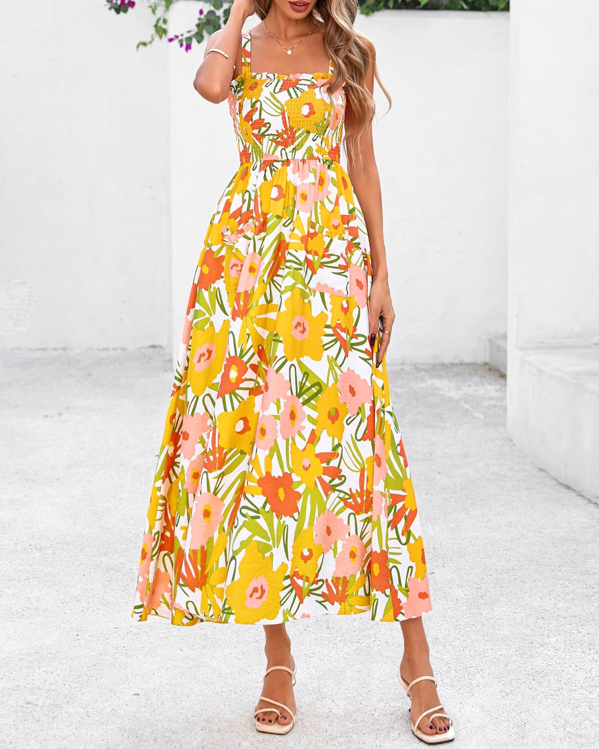 PRETTYGARDEN Womens Summer Dresses 2026 Casual Spaghetti Strap Ruffle Smocked Flowy Floral Spring Maxi Dress with Pocket - Image 7