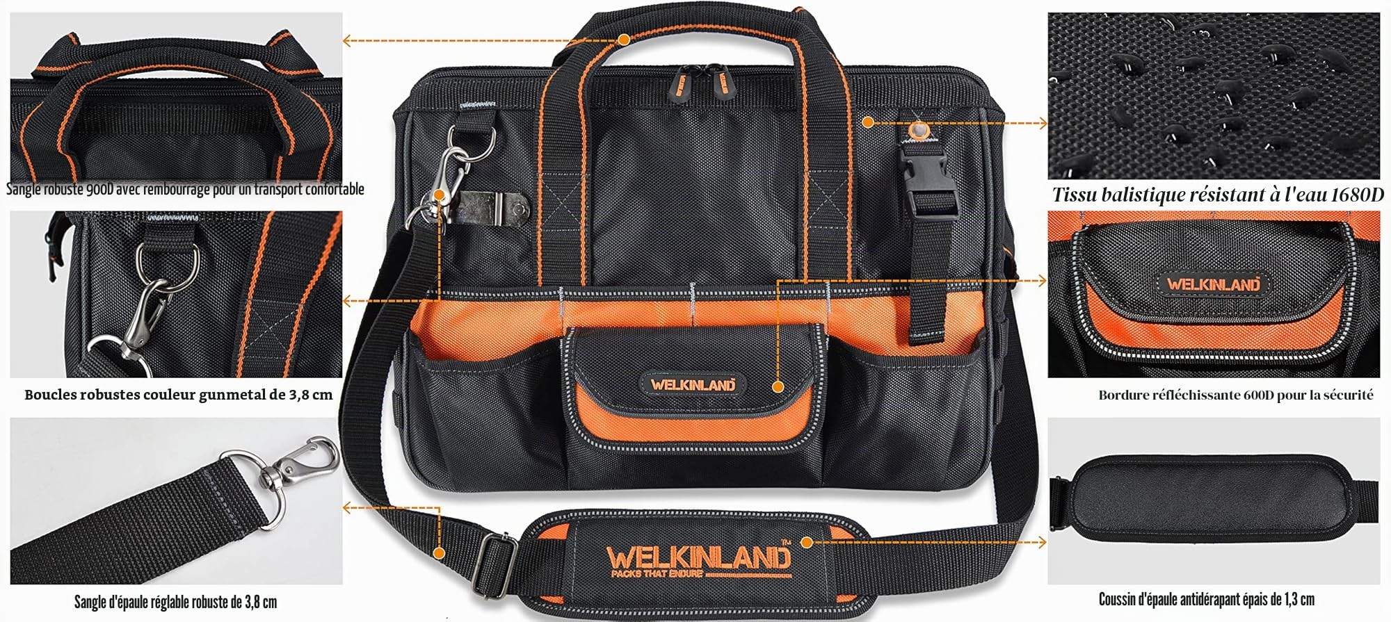 WELKINLAND Organiseur d'outils robuste de 40,6 cm – 34 poches ouvertes sur le dessus pour CVC, électriciens et perceuses