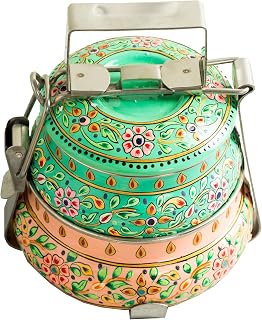 Handmade Stainless Steel Tiffin Box (Green top & Peach base, Two Tiers)