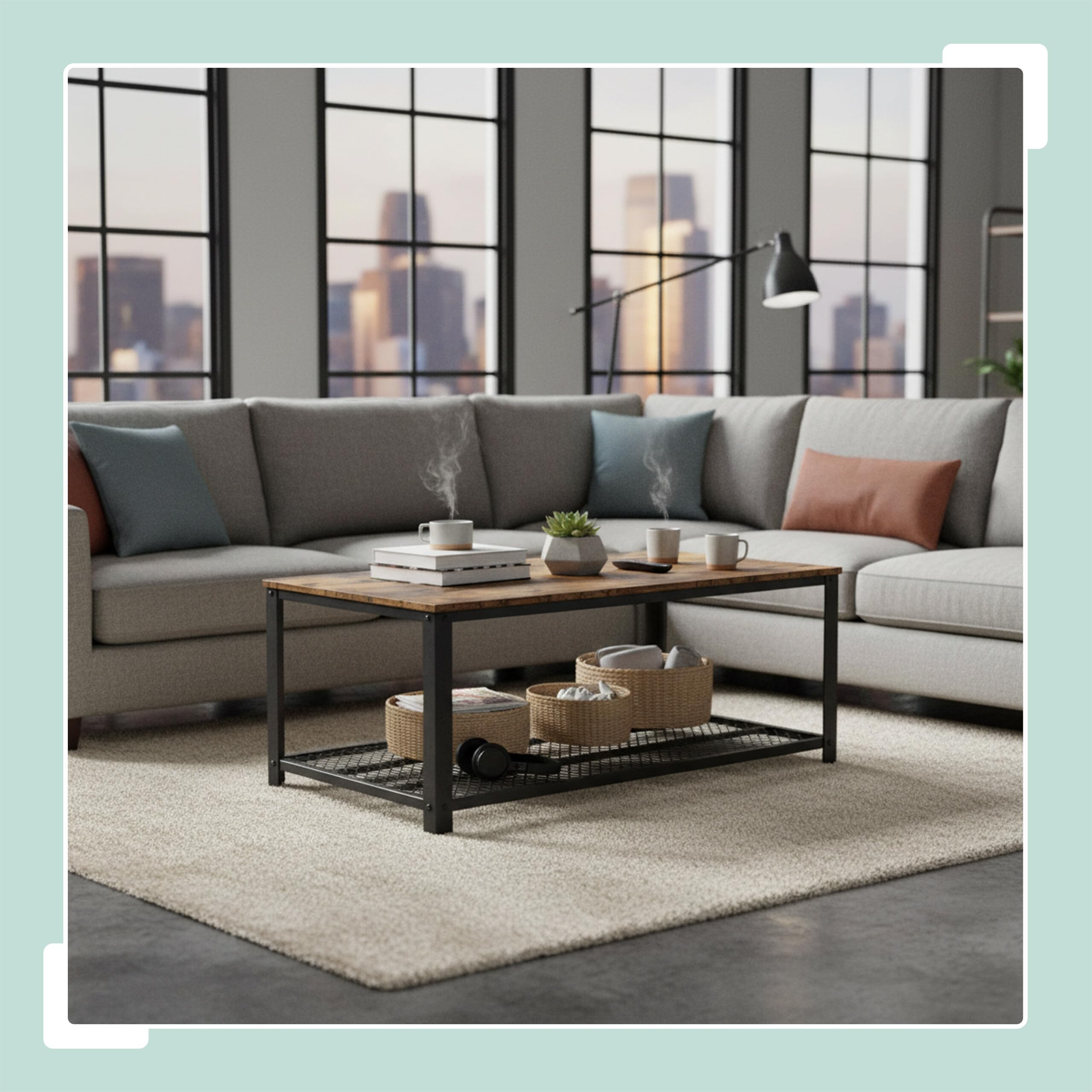 Relaxdays Mesa de Centro Industrial en Madera con Rejilla, 45x106x60 cm, marrón/Negro