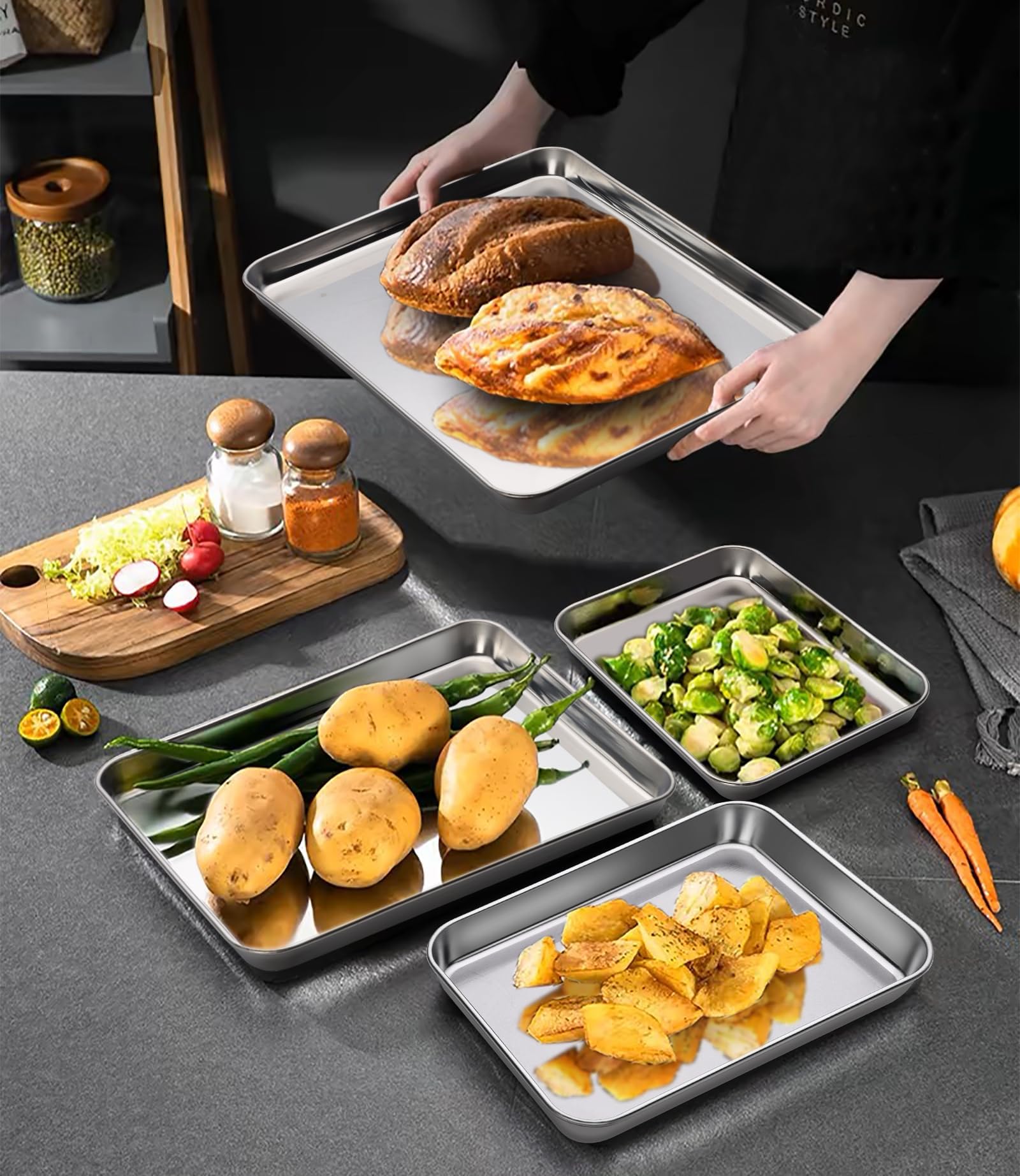 Set di 4 teglie da forno rettangolari in acciaio inox, atossiche e sane, resistenti e durevoli, rifiniti a specchio e lavabili in lavastoviglie