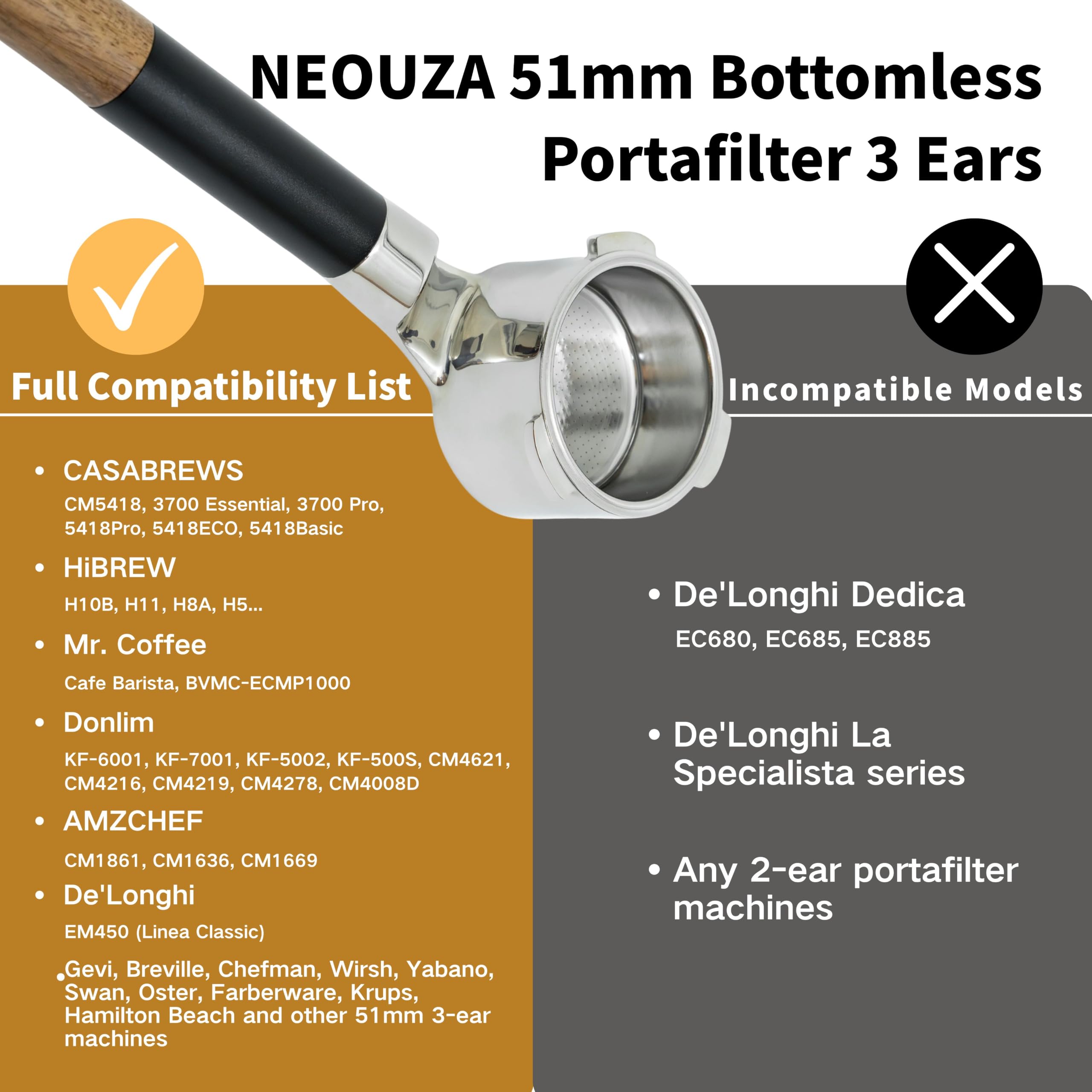 NEOUZA 51mm Bottomless Portafilter 3 uszy kompatybilne z Swan CASABREWS | Flat-On-Counter Design, 0,2 mm Puck Screen, 18 g kosz bez ciśnienia, widoczna ekstrakcja