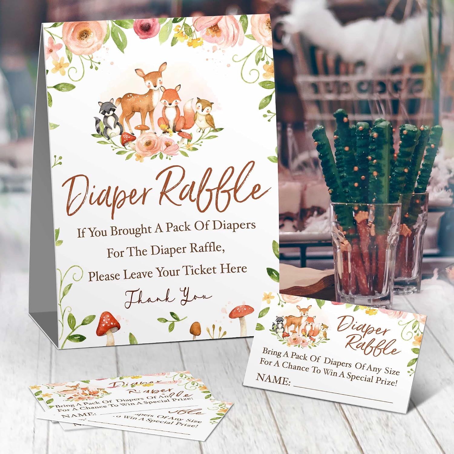 Woodland Diaper Raffle Tickets, Diaper Raffle Sign, Pink flower Baby Shower Game Kit, Woodland Diaper Baby Showers Decorations，Watercolor Woodland Forest Animals Insert Ticket(1 Sign+50 Cards)