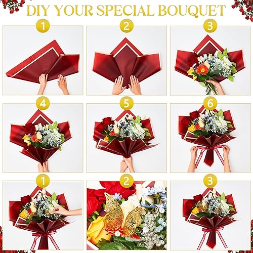 Miniatura 4 de Juego de 202 piezas de papel de regalo de flores con borde dorado, papel de regalo floral impermeable, perla, cristal, mini corona, alfileres de