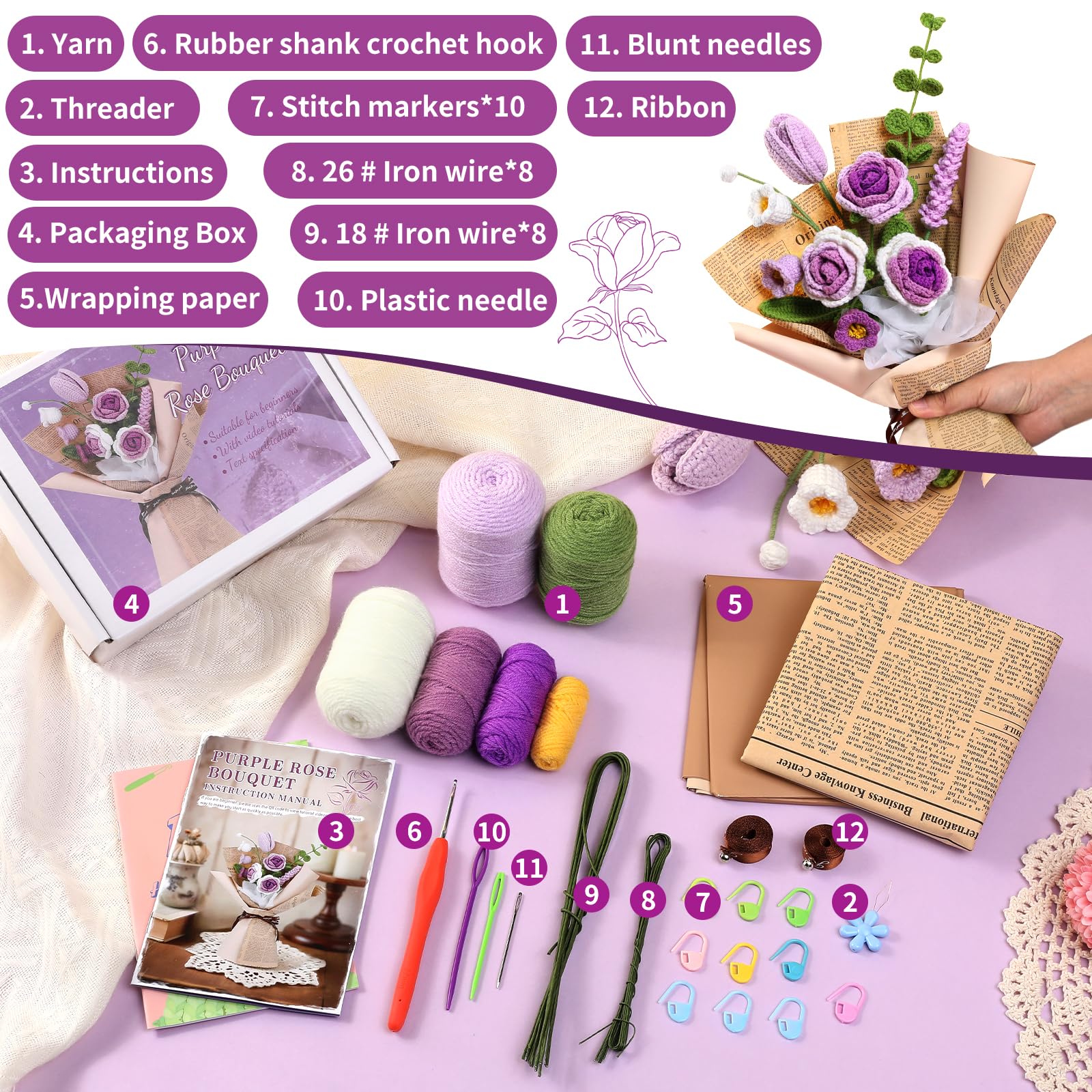 Beginner Crochet Flowers Kit - Purple Roses -2 Beginner Crochet Flowers Kit - Purple Roses -2