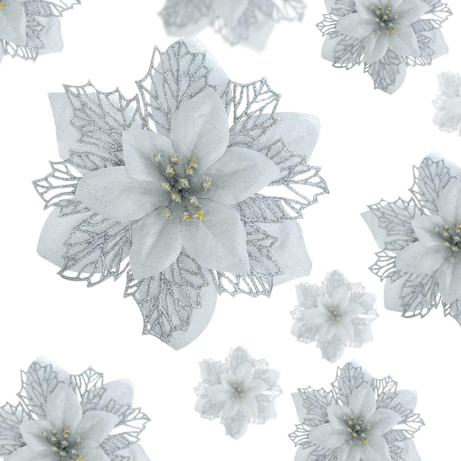 Diyasy Silver Christmas Tree Flowers, 24 Pcs Glitter Poinsettia Tree Flowers, 5.9" Diameter, With 27 Clips