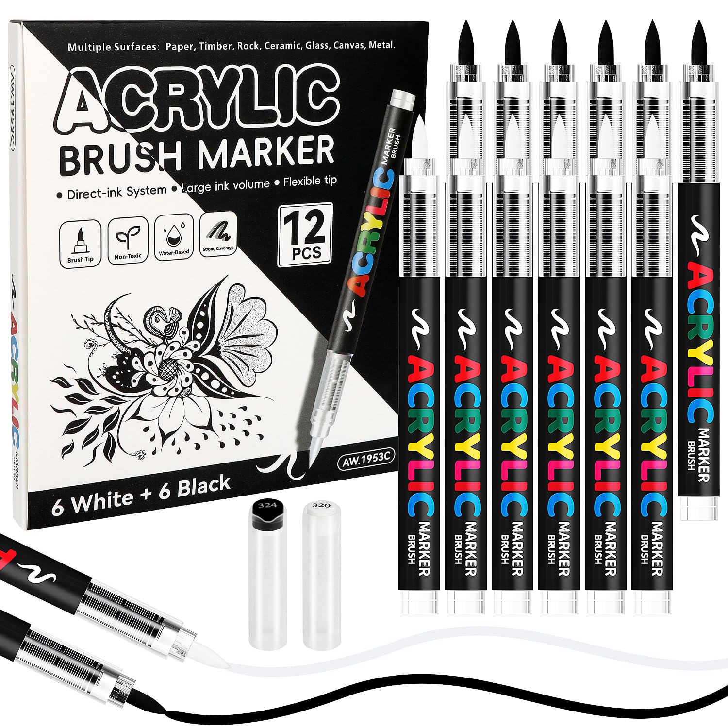 12 rotuladores acrílicos de tinta directa, color blanco y negro, punta suave, resistente al agua, para arte, diario de balas, papel negro, rotuladores acrílicos para artistas y estudiantes