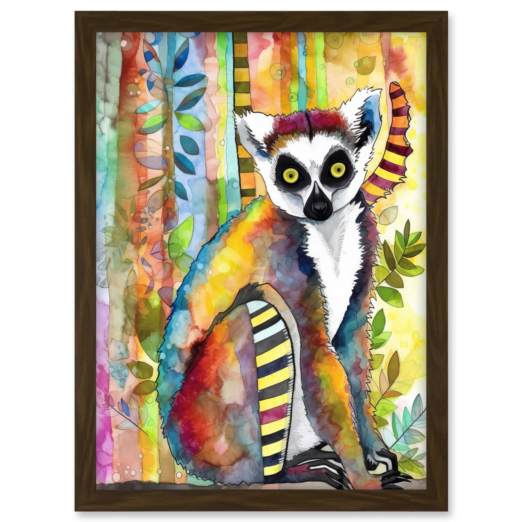Artery8 Lemur Vibrant Portrait Folk Art Watercolour Painting Artwork Framed A3 Wall Art Print