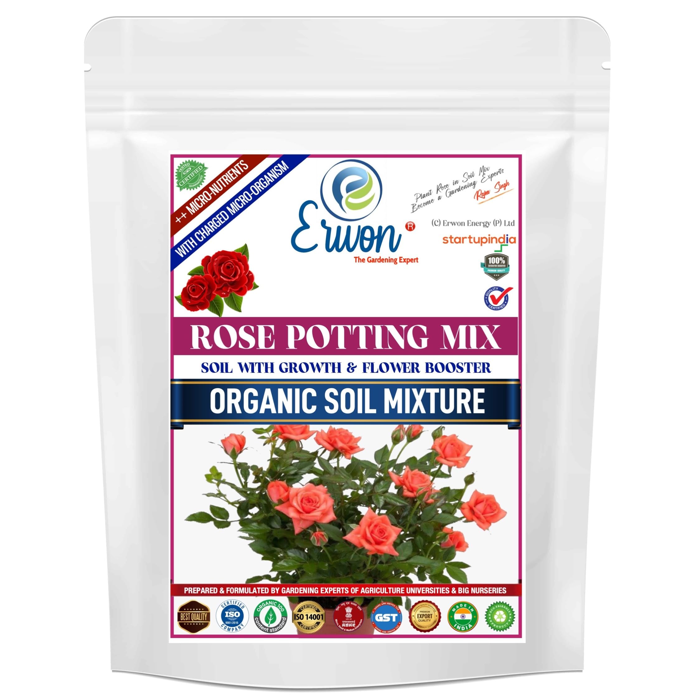 Erwon® Rose Potting Mix, Premium Essential Powerful Organic Soil with Plant Growth and Flower Booster, Charged Micro-Organism and ++ Micronutrients (900 gm)
