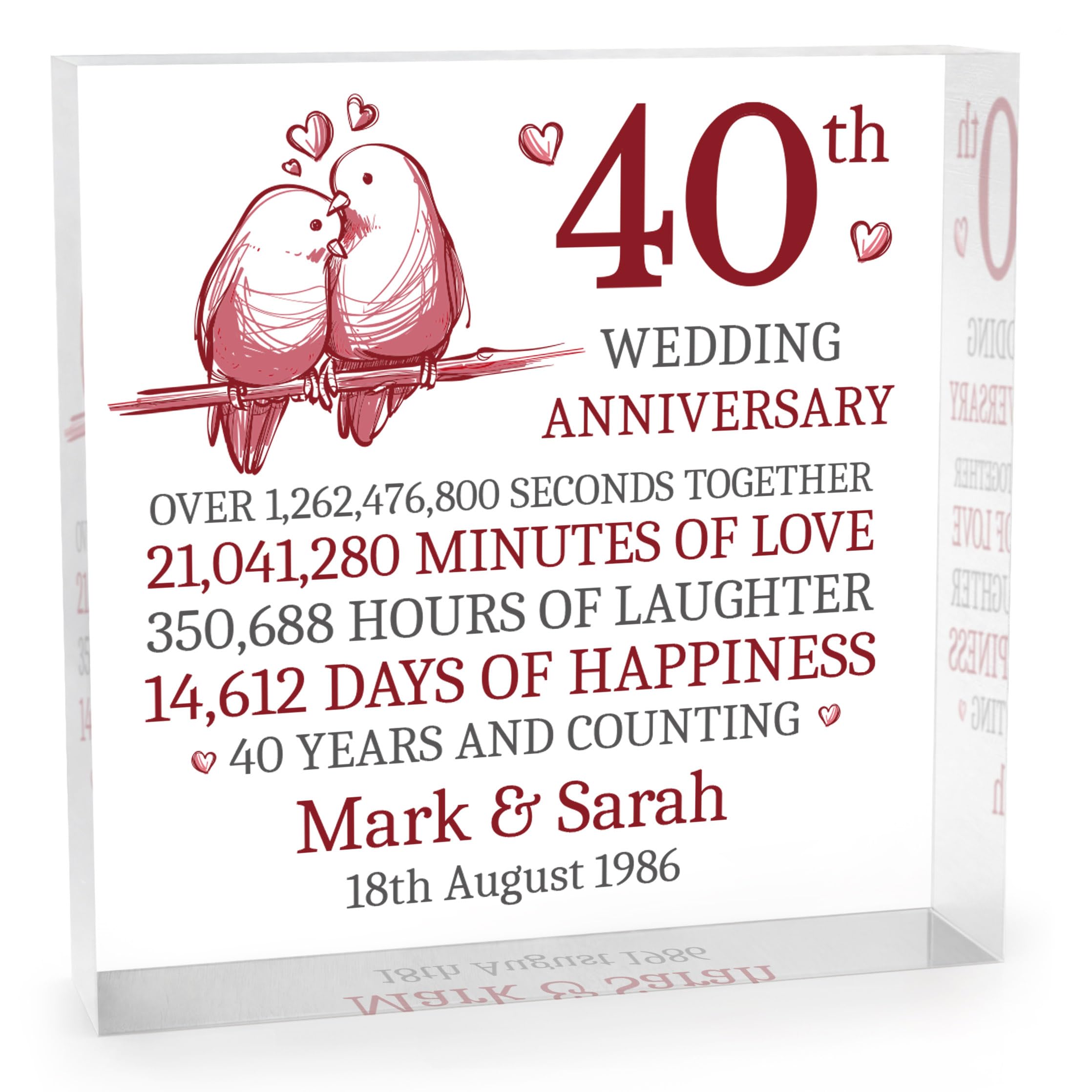 Beecreative 40th Anniversary Keepsake For Couples - Clear Acrylic Gift- Ruby Wedding Anniversary Present - With Grey Bag