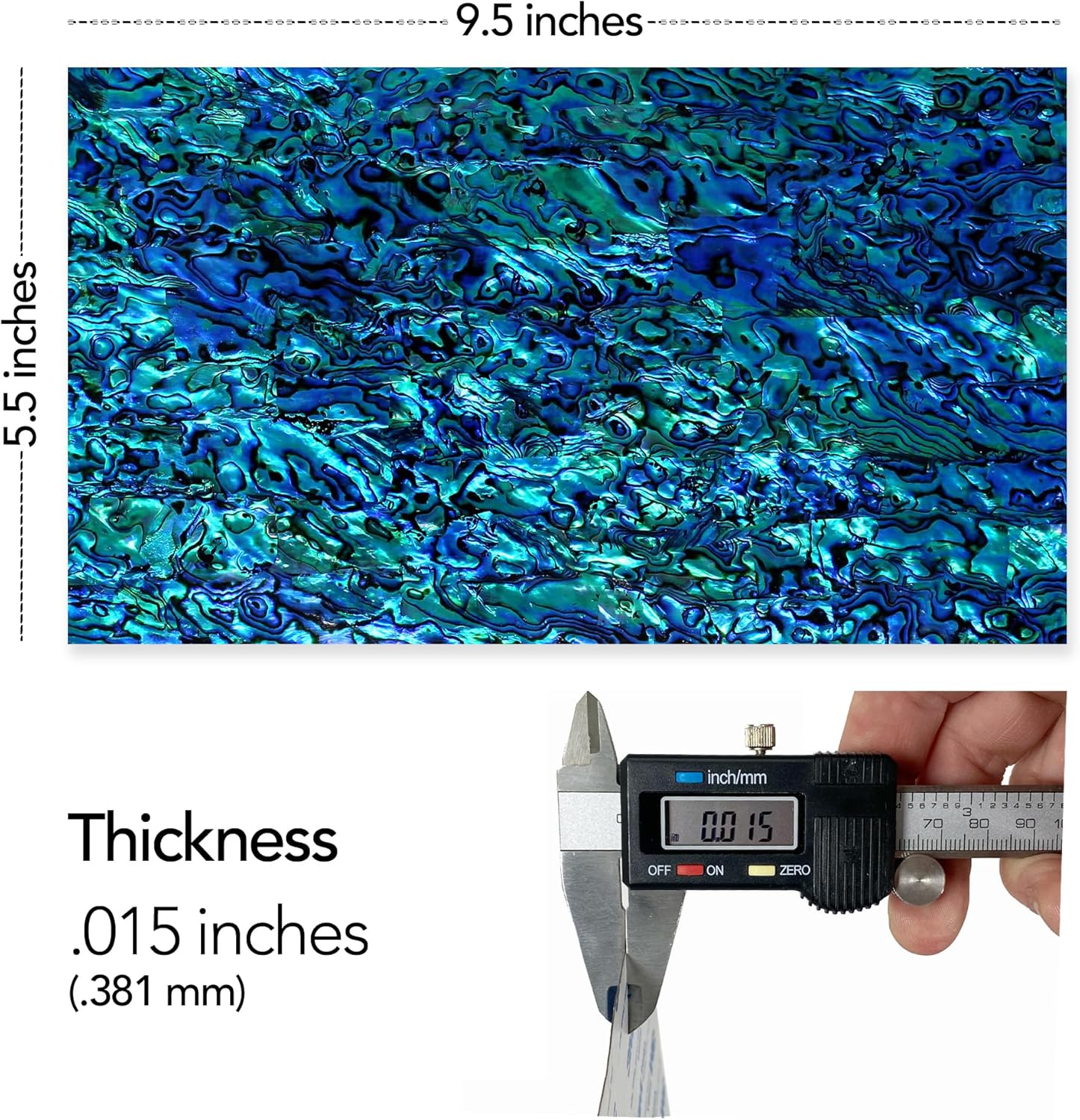 Pearl Abalone (Pāua) Luméa Shell Veneer, Blue Sapphire, 5.5 x 9.5 inches, Includes 3M Adhesive Sheet for Application Abalone, for Inlay Projects