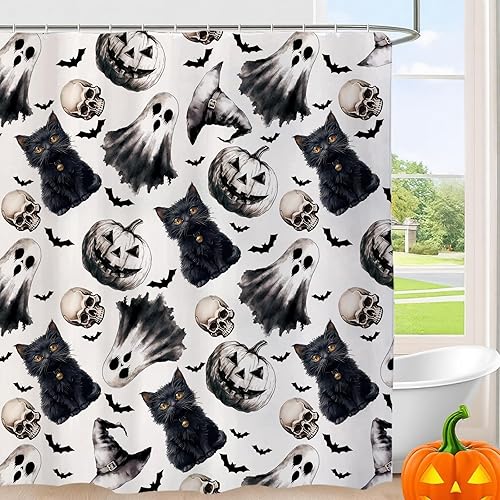 Miniatura 3 de GPGHE Cortina de ducha para decoración de Halloween, gótica, fantasma, gato, juego de cortinas de baño retro con 12 ganchos, 71 x 71 pulgadas