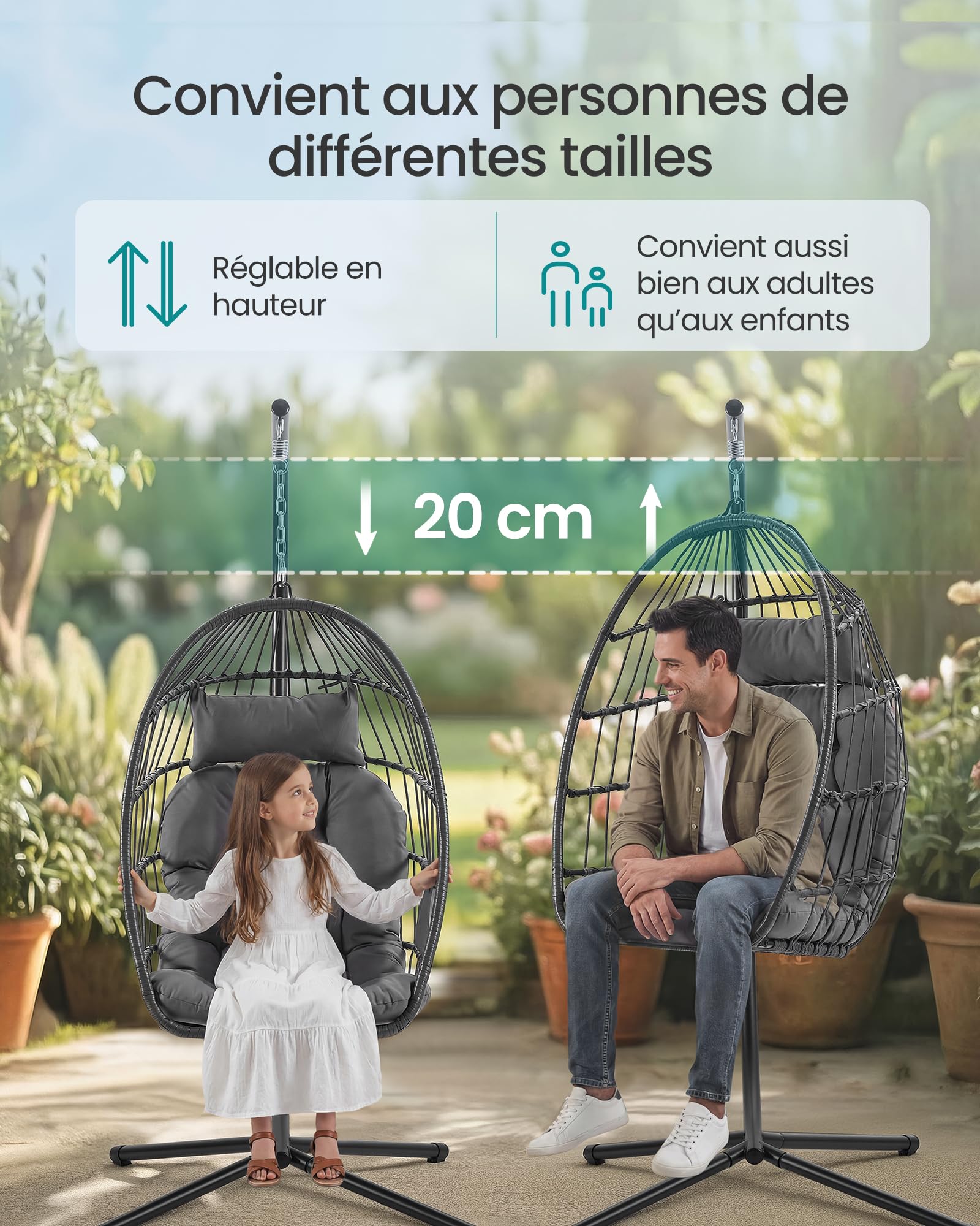 SONGMICS Chaise Suspendue Extérieur, Nacelle Pliable et Amovible, Fauteuil Oeuf Réglable en Hauteur, Poche de Rangement, Coussin d’Assise Rembourré, pour Salon, Jardin et Balcon, Gris GDC050GZ01