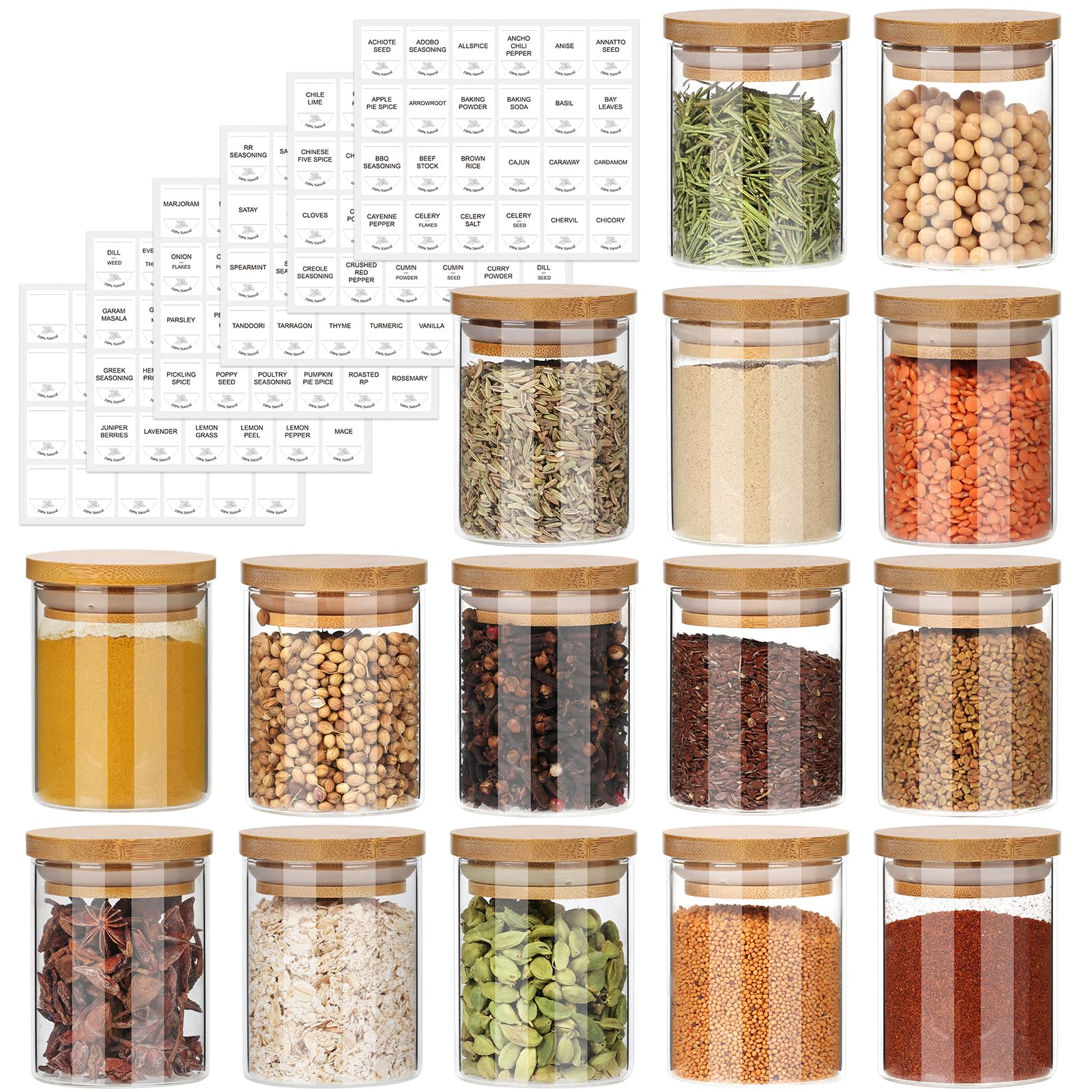 Barattoli in vetro con coperchio in bambù, confezione da 15 (150 ml) – Barattoli ermetici per spezie da cucina, dispensa, erbe, condimenti, caffè, tè e zucchero