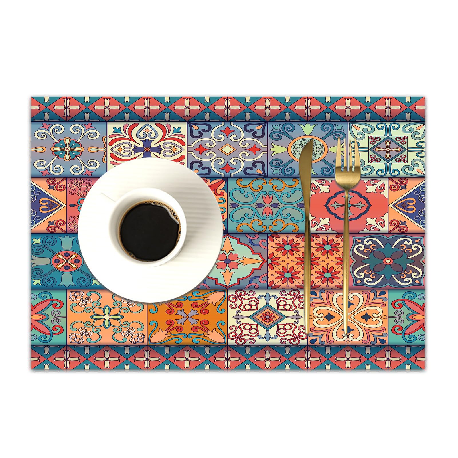 DASNK Table Mats Set of 4 Woven Vinyl Place Mats for Dinner Table Washable & Durable Indoor/Outdoor Use Table Accessories,Seamless pattern with portuguese tiles in talavera style. Azulejo mor,12x18in