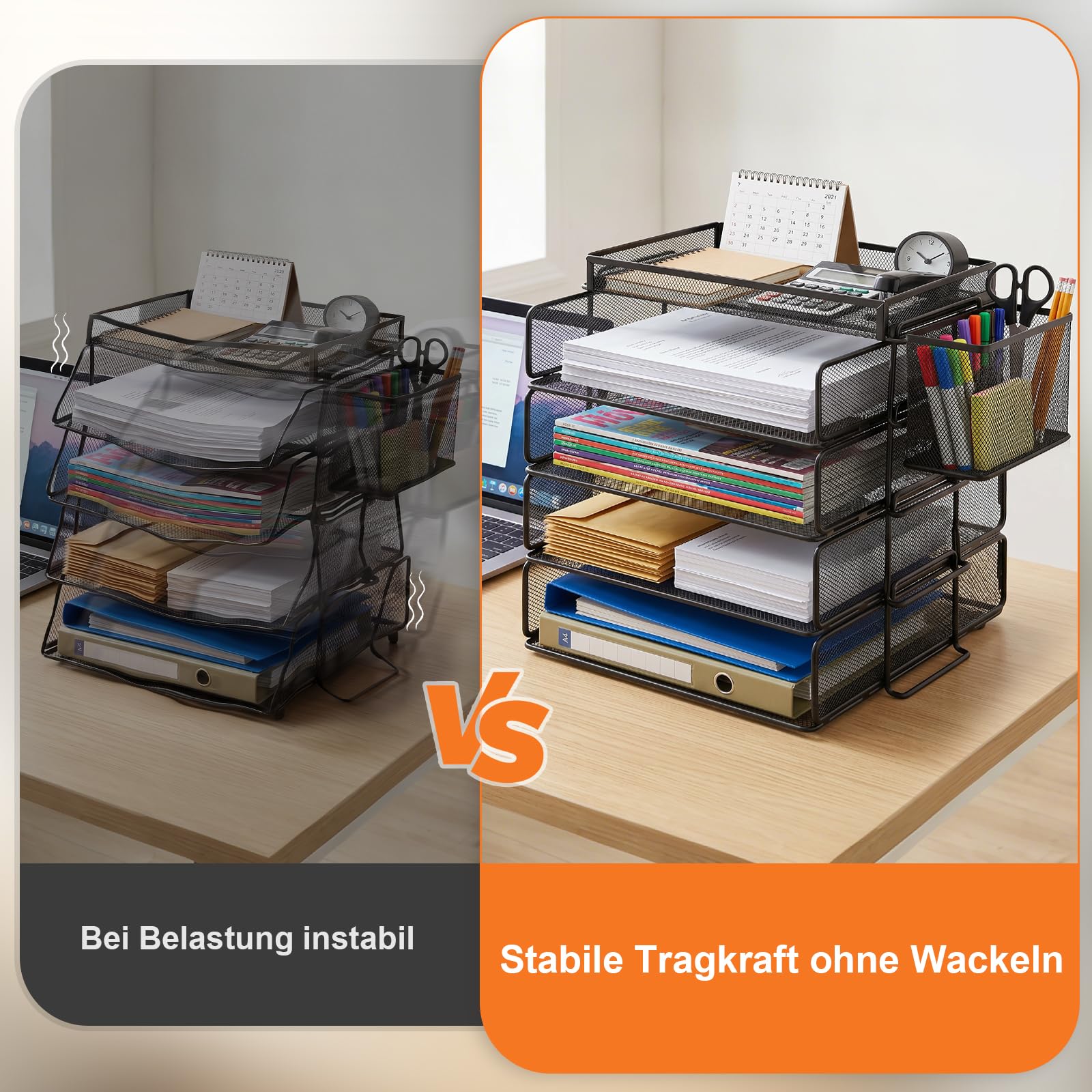 Briefablage a4 stapelbar, Schreibtisch Organizer mit 4 fächern und stiftehalter, Organizer büro aus Metall, formstabil & wackelfrei,ideal für Ordner, Briefe und Dokumente (schwarz)