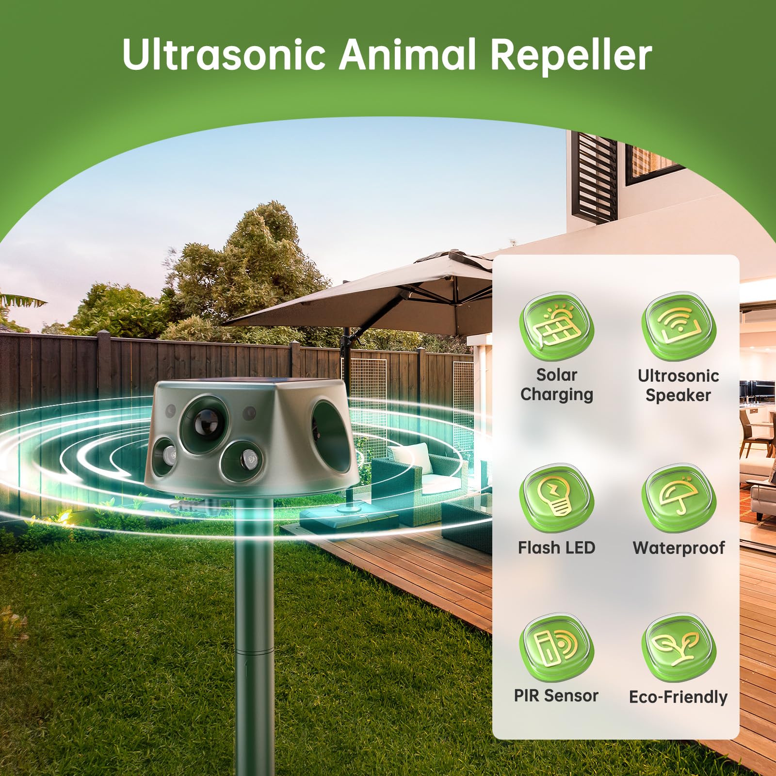 Ultrason Chat Exterieur, Repulsif Chat Ultrason, 5 Modi Einstellbar Marderschreck, Solarladung Ultrason Chat Exterieur, 360° Effektiv für Katzen, Hunde, Vögel, Mäuse