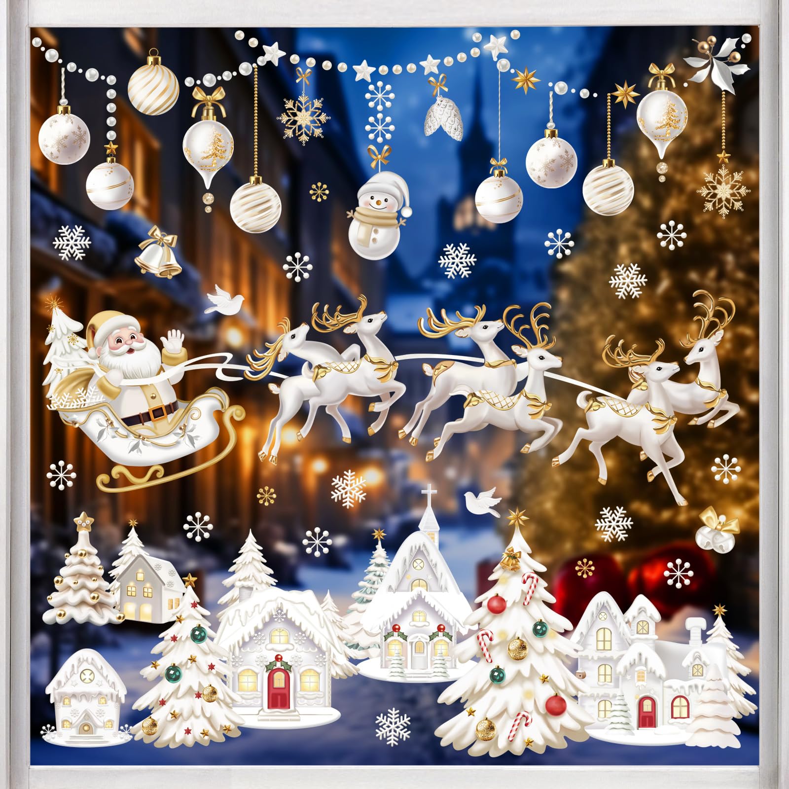 wondever 3D Christmas Snow House Window Clings Christmas Santa Claus Reindeer Glass Sticker Decal Anti Collision Double-Side Static Window Stickers for Glass Xmas Party - Image 2