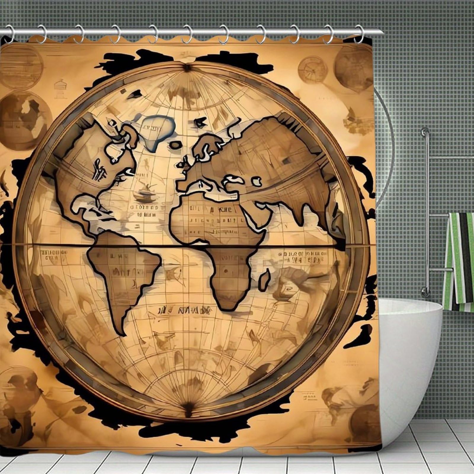 QMNLKH Ancient Map World Globe Shower Curtain with Hooks, Waterproof Bath Curtains for Bathroom, Lightweight Bath Curtains Liner for Hotel, Personalized Bath Curtain for Spa, 70.8 Inch