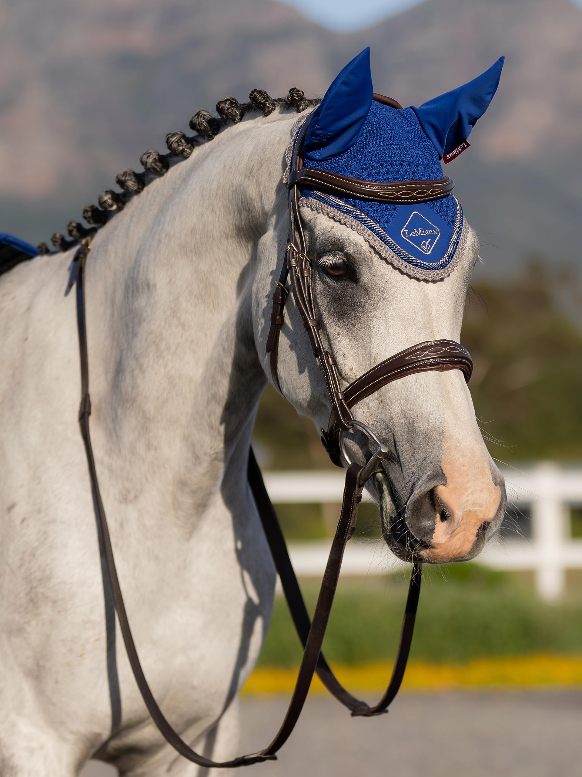 LeMieux Classic Crochet Fly Hood with Comfortable Lycra Ears in Benetton Blue - Sport Horse Wear for Competitive Rider - Medium - Image 2