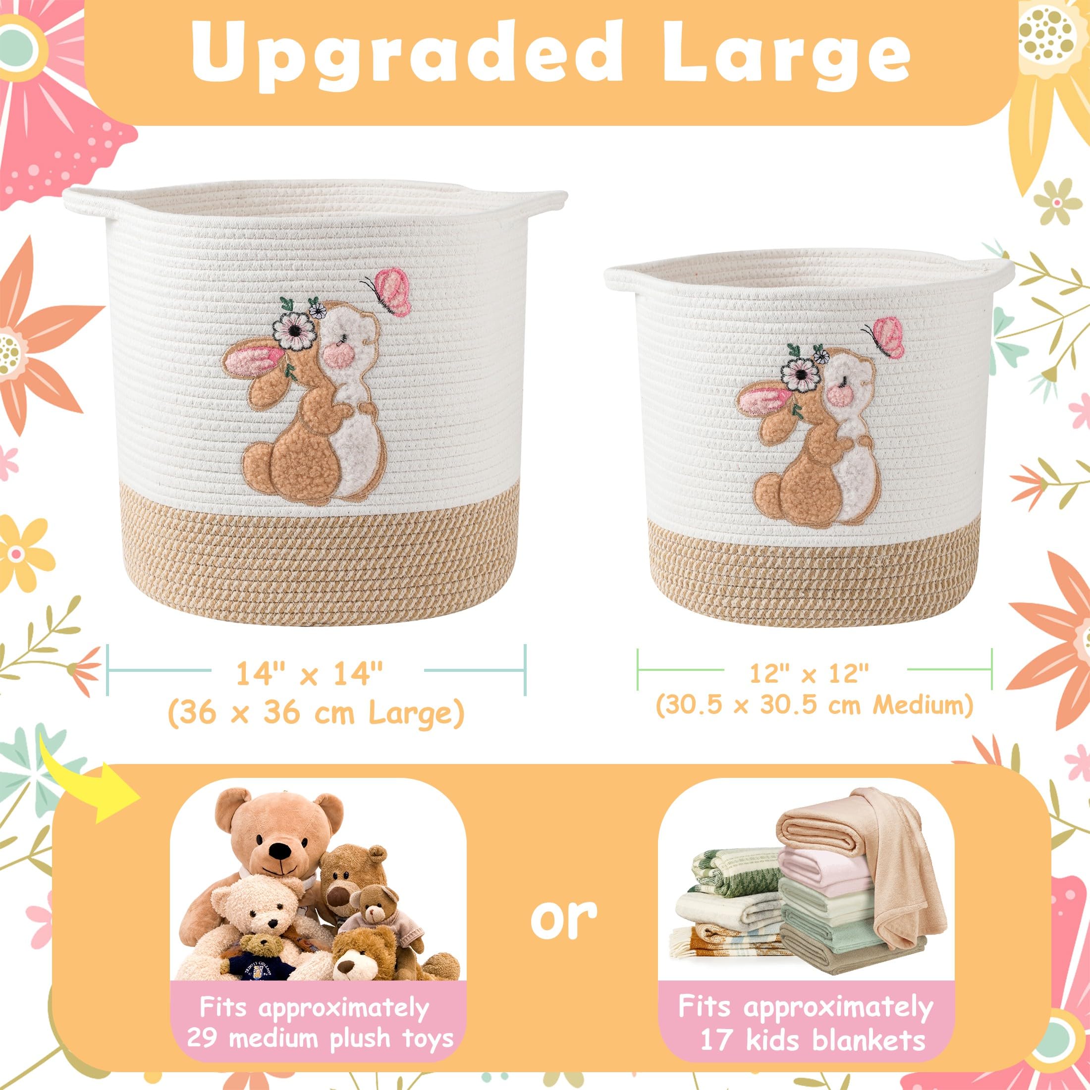 Cesto in corda di cotone per bambini, cesto regalo, vuoto, per baby shower, con manici, graziosi, coperte, animali ripieni, per asilo (coniglietto, grande)