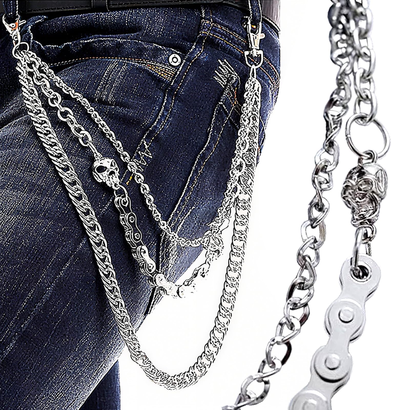 OKPOWPants Chain for Men Women,Biker Skull Chain Wallet,Long Cool EMO Punk Trousers Pocket Belt Key Chains for Hip Hop Rock Jean Gothic