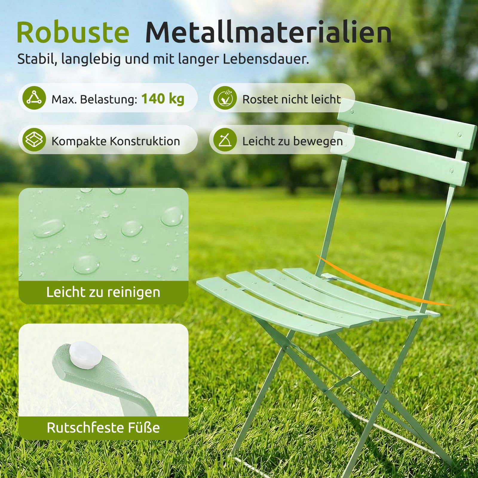 Clevich Bistro Set Balkon Metall, Balkonmöbel Set 3 teilig, Bistrotisch mit 2 Stühlen, Gartenmöbel-Set Outdoor Sitzgruppe, Faltbar und Wetterfest, für Gärten, Terrassen, Grün