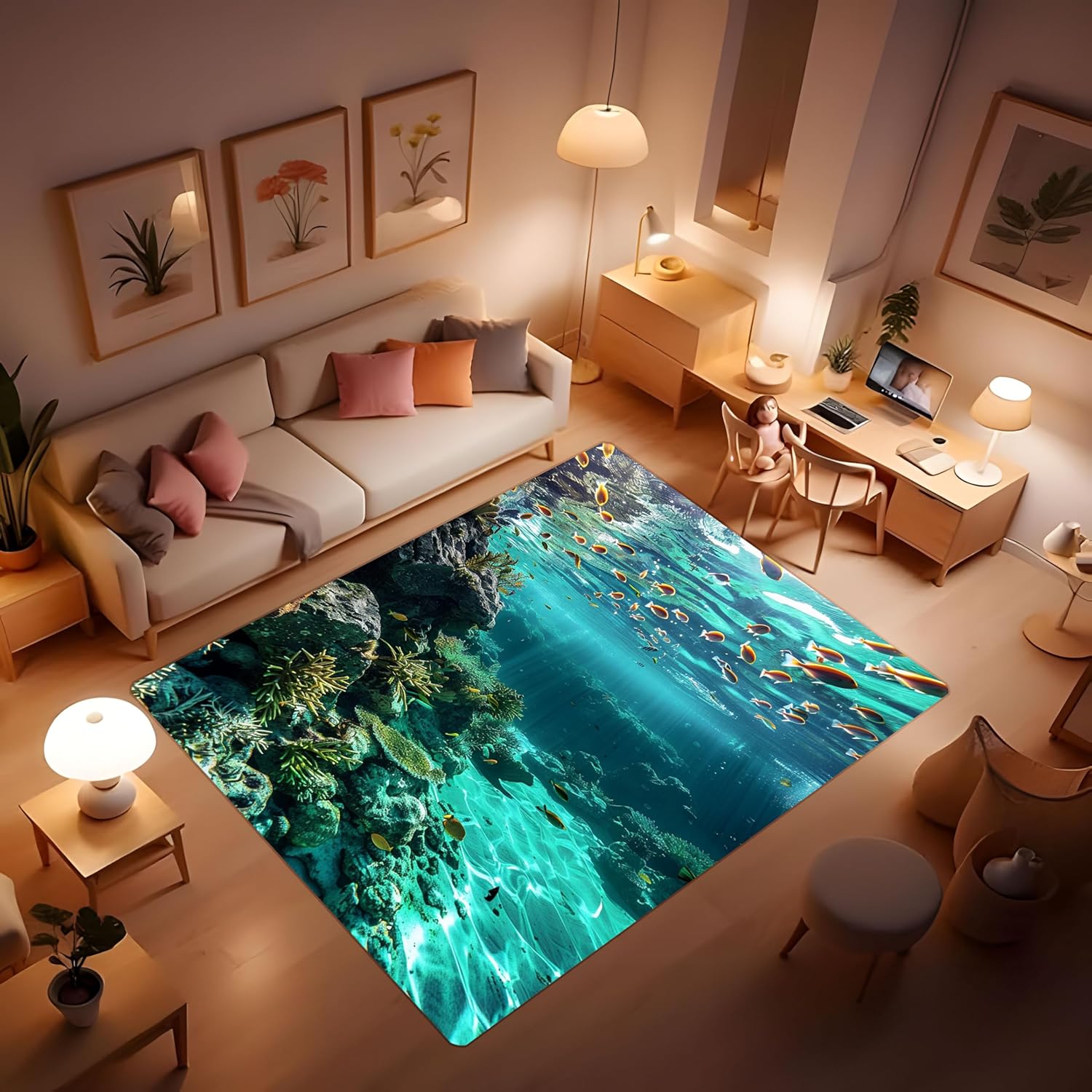 Dolphins swimming happily in the ocean, colorful seaweed bio rug, washable non-slip rug suitable for Children's room decoration, suitable for living room and kitchen hallway indoor rug 24x36inch