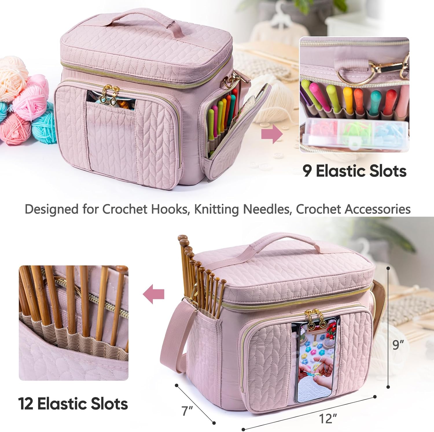 MYBAGZING Crochet Bag Organizer - Yarn Bags for Crocheting - Crochet Storage Bag with Pockets for Crochet Hooks, Crochet Accessories - Yarn Organizers - Yarn Holders for Crocheting - Knitting Bags