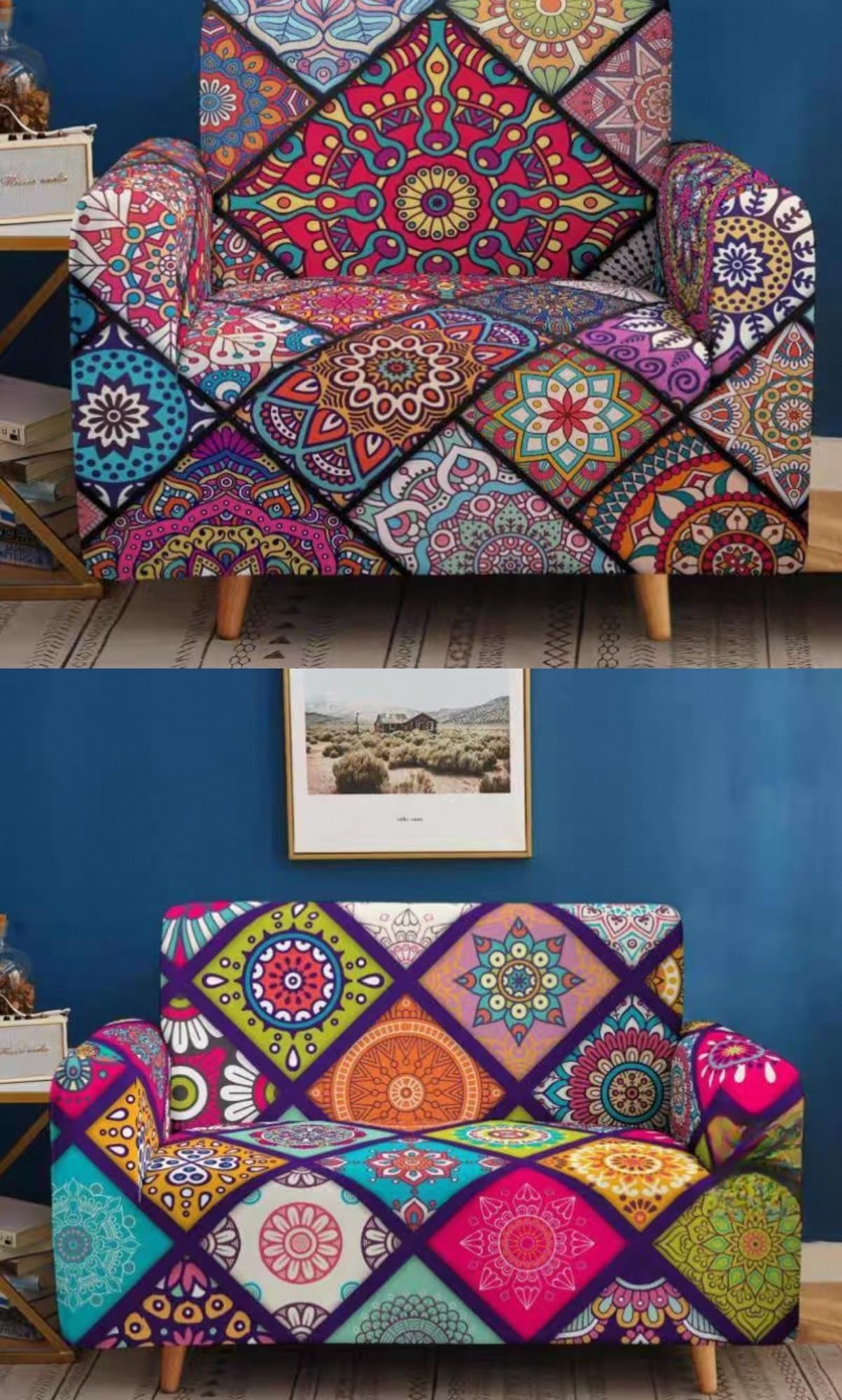 Stretch Sofabezug mit Muster, rutschfest und waschbar, weicher elastischer Couchbezug mit Rundum-Schutz und Fixierbändern, formstabil, für 1 bis 4 Sitzer(B,235cm-300cm)
