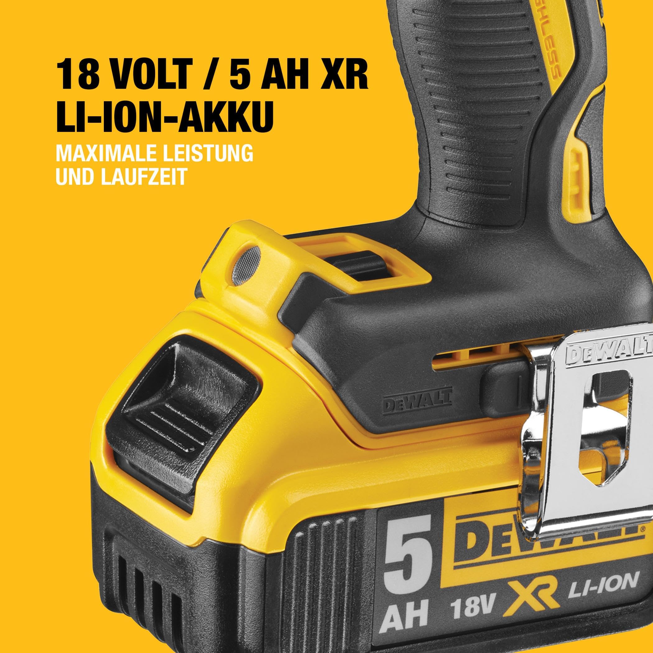 DEWALT XR 18 Volt Akku Schlagbohrschrauber (Bürstenloser Motor, 2-Gang Vollmetallgetriebe, max. Drehmoment 70 Nm, 15 Drehmomentstufen, 2x 18 Volt / 5 Ah Li-Ion Akkus und Ladegerät), DCD796P2-QW