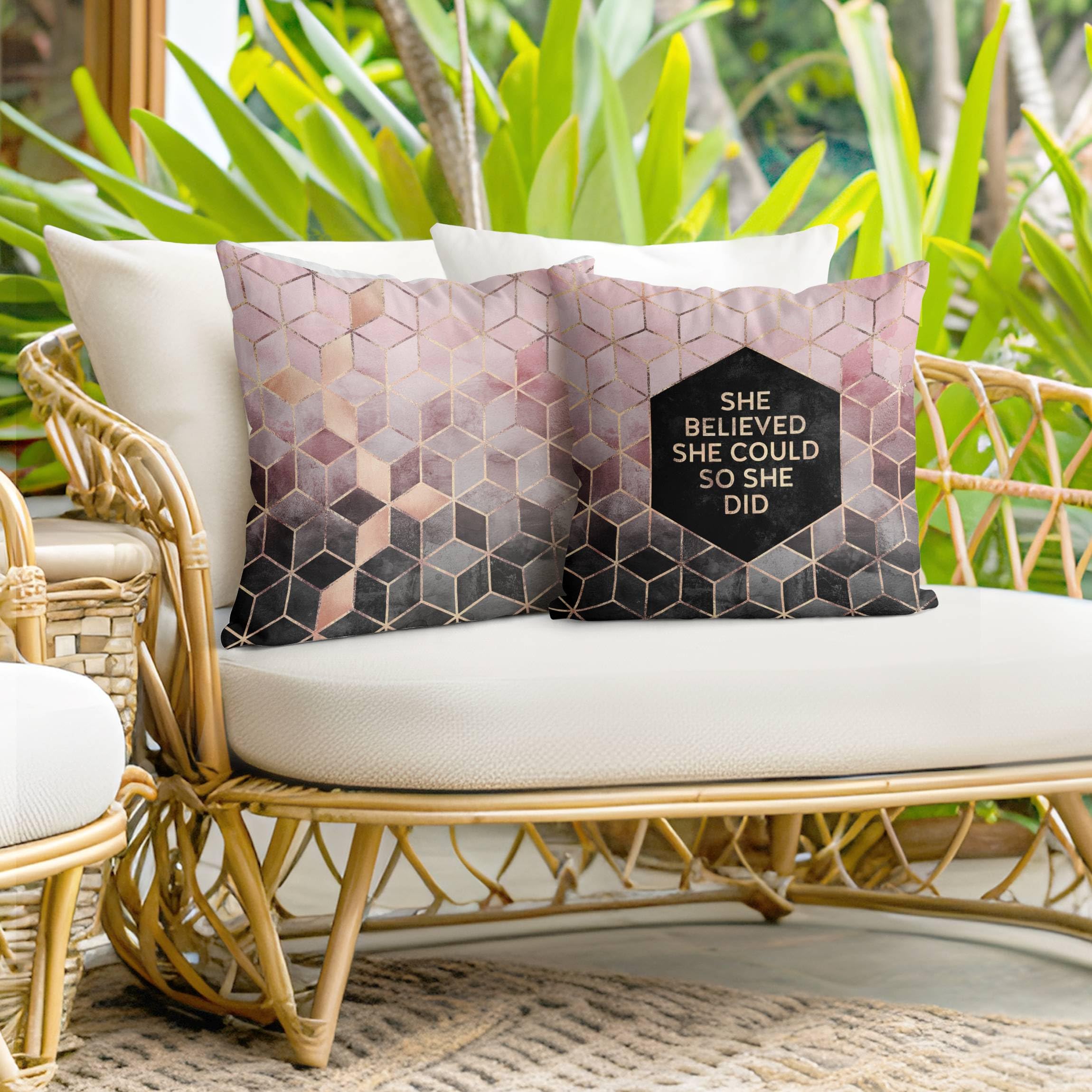 Deko Kissenhülle 2er Set drinnen/Indoor waschbar Sprüche ohne Füllung Zierkissen - Made in Germany - Geometrisch Bezug rosa Sofakissen Indoor Sofa Bett 1251