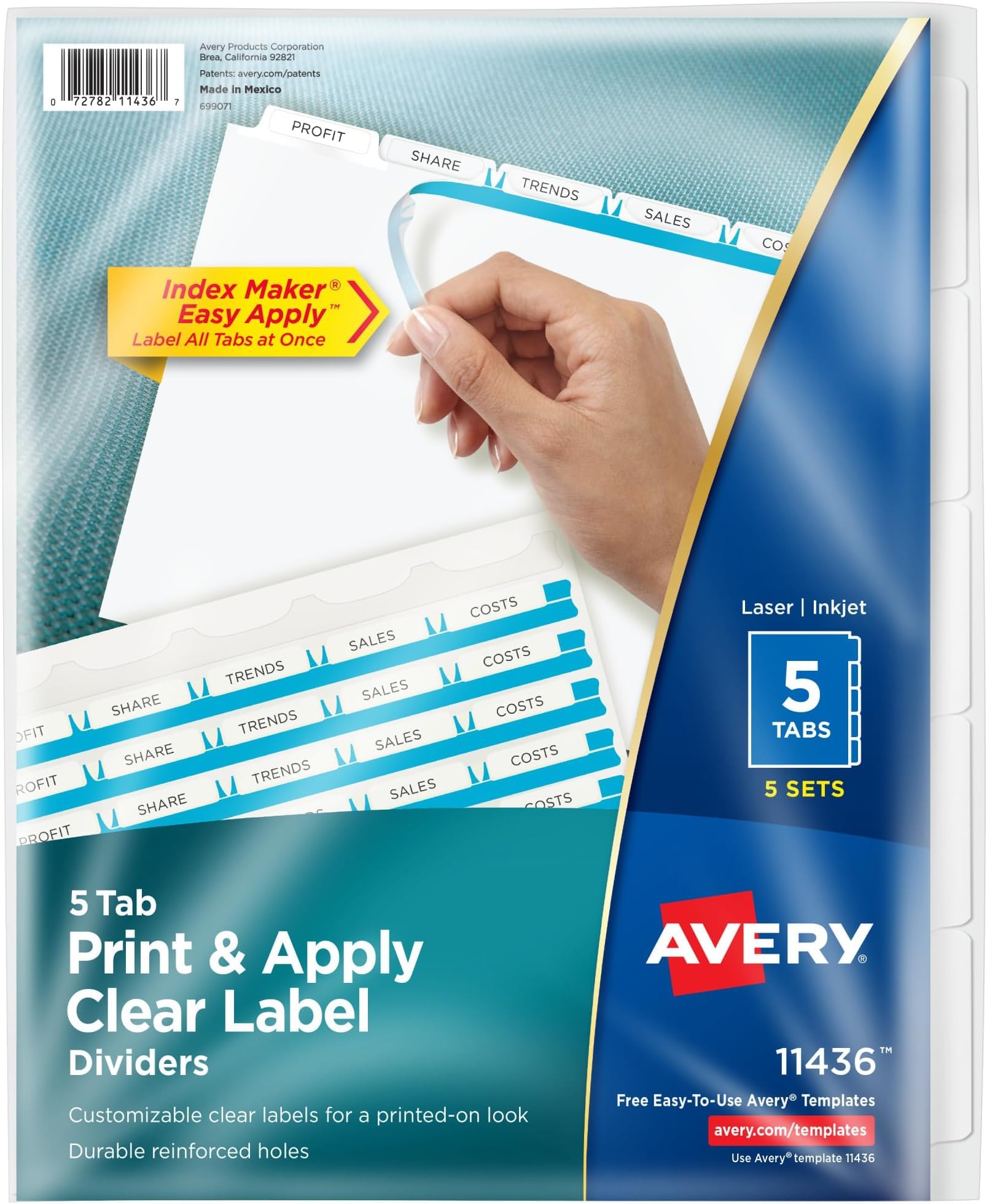 Avery 5 Tab Dividers for 3 Ring Binder, Easy Print &amp; Apply Clear Label Strip, Index Maker Customizable White Tabs, 5 Sets (11436) (Pack of 10)