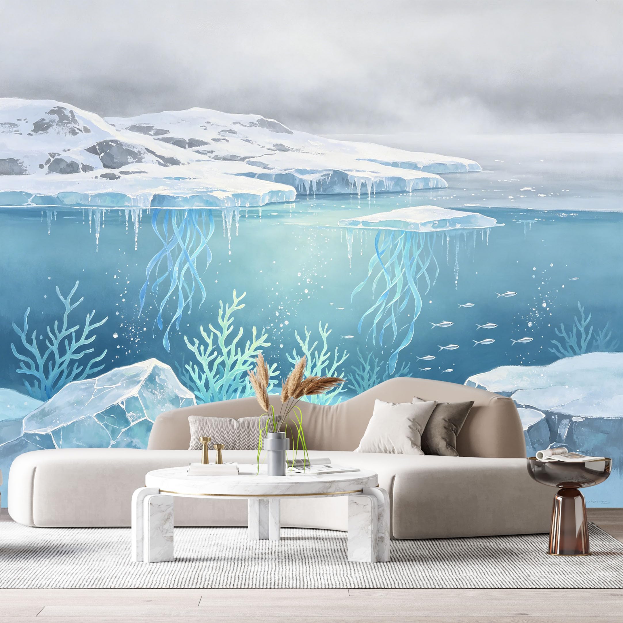 Custom Size Wall Murals Ocean Marine Watercolor Iceberg Underwater Coral SelfAdhesiveWall Fabric Removable Wallpaper Wall Decor for Living Room Bedroom Bathroom