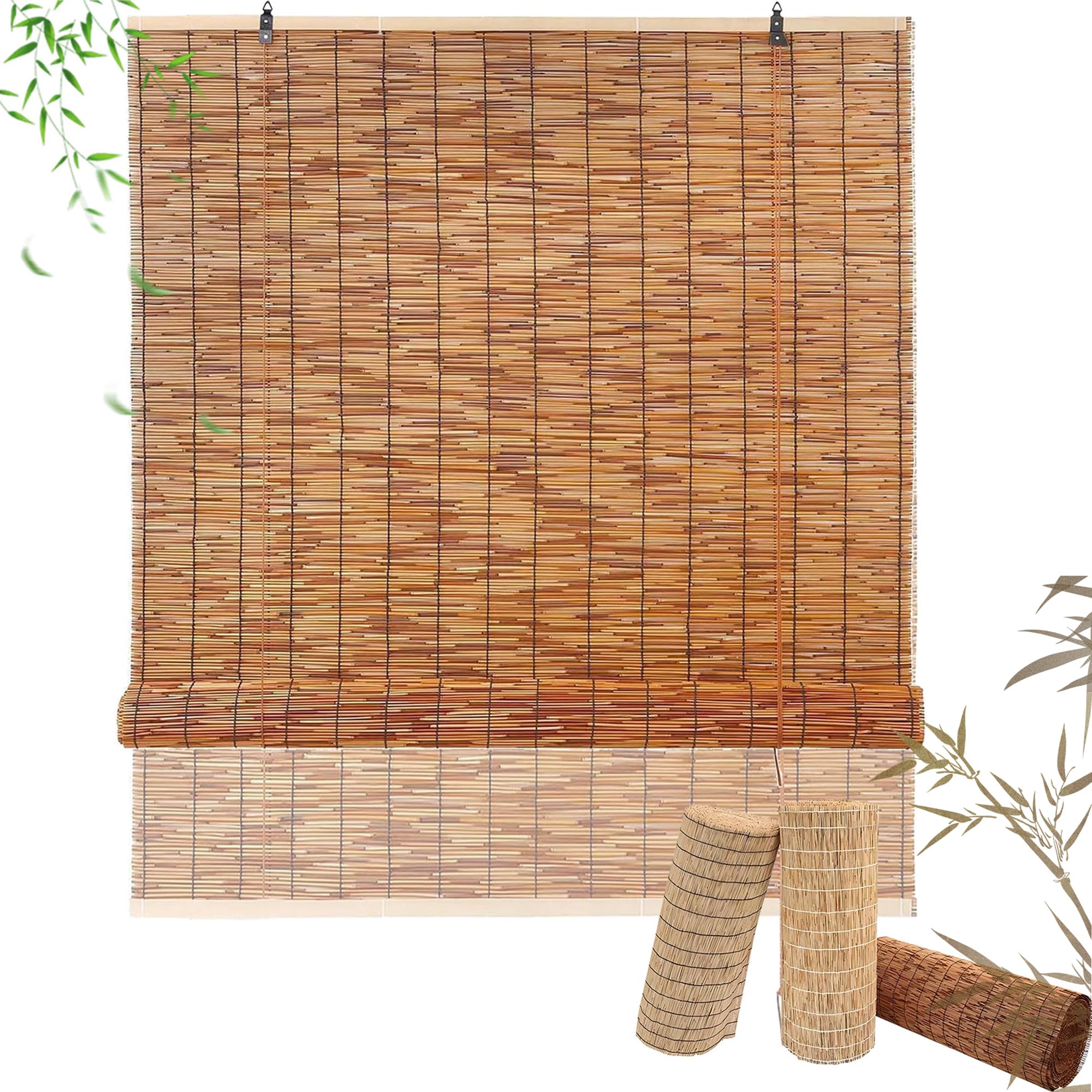 LXODOVZD Outdoor Roller Reed Blinds Porch Bamboo Shades 30-170cm Wide Roman Blinds Customisable with Lifter, Privacy Protection, Blackout Blinds for Patio Roll Up Natural Retro Reeds Curtain
