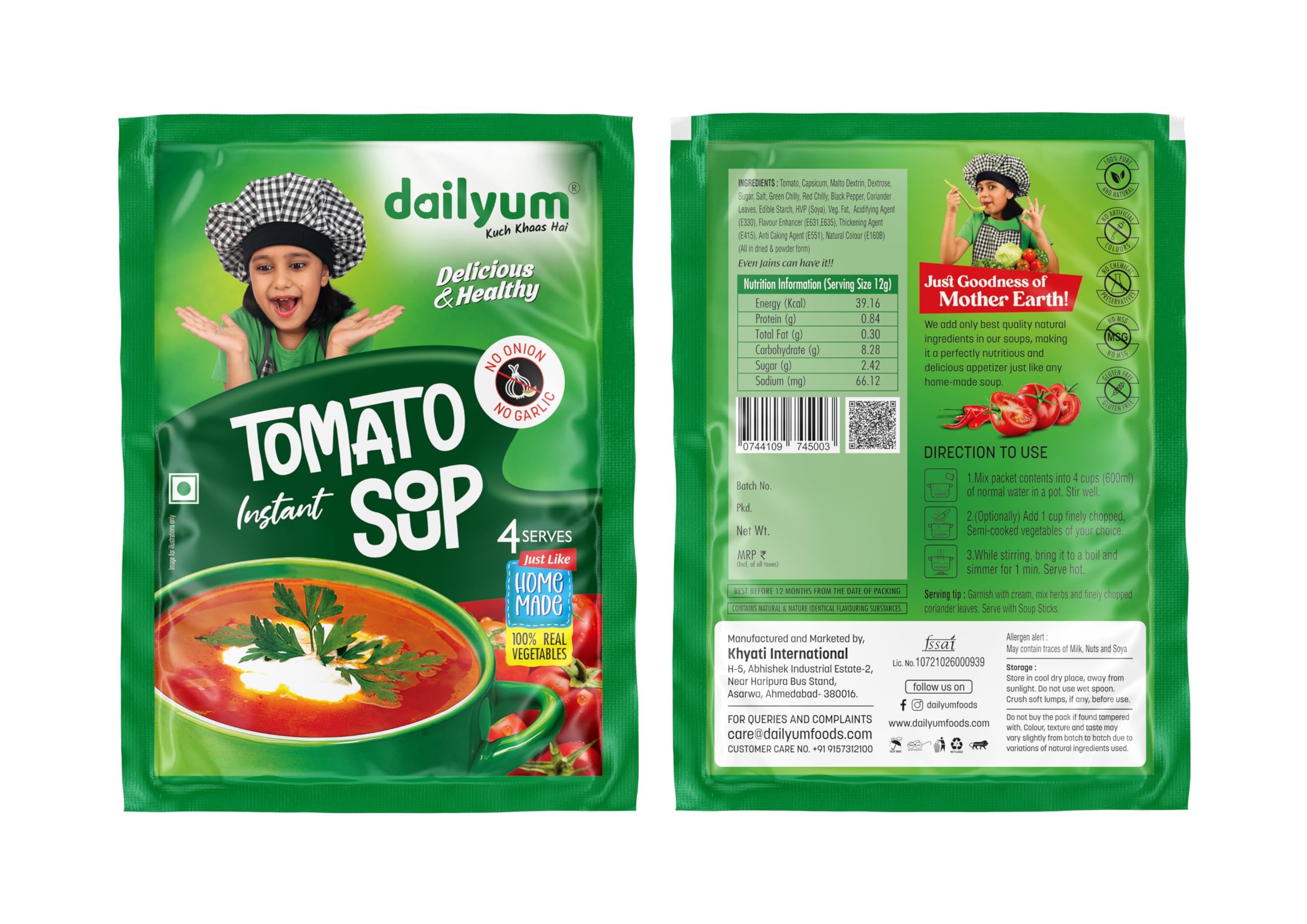 Dailyum Instant Tomato Soup 50g | No Onion No Garlic | Ready To Eat Instant Soup |100% Natural | No MSG | Gluten-free | Serves 4 | Jain | Pack of 5 3