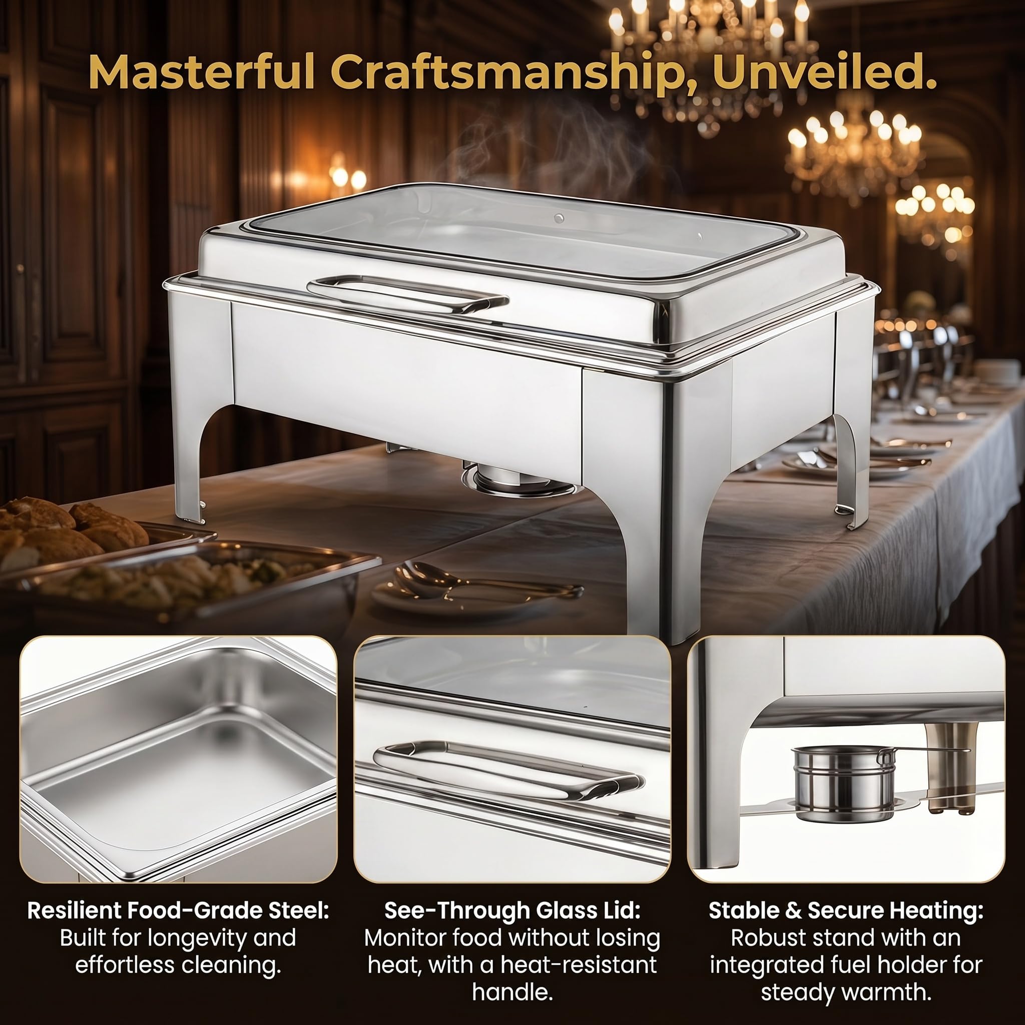 Chafing Dishes für Buffet, 9L Edelstahl Chafer Set mit Glasdeckel für Partys, Hochzeiten, Catering Events und Abendessen