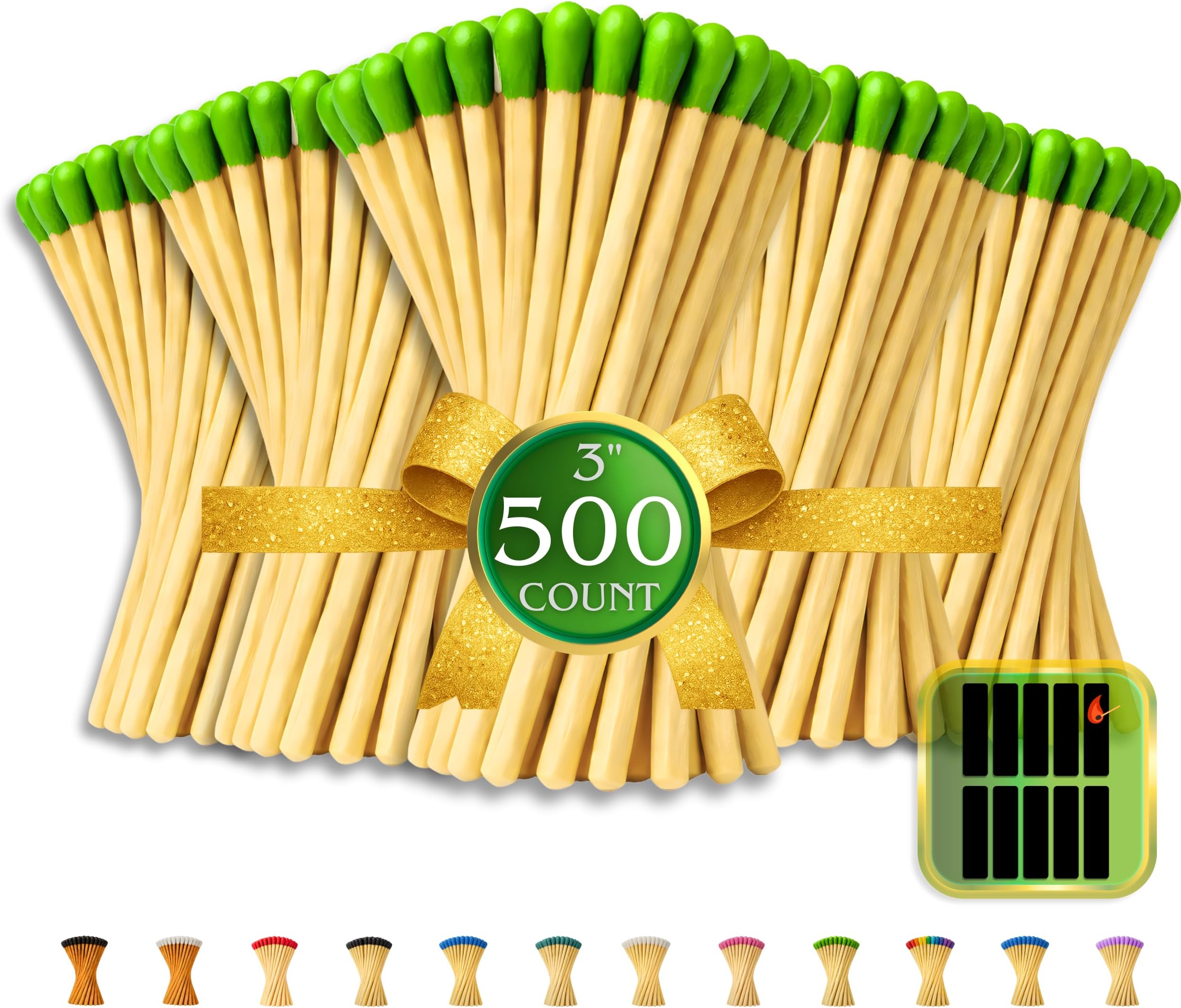 500 Count - 3" Long Green Color Matches | Three Inch Coloful Loose Wooden Safety Match Sticks for Candle Display | Refill Decorative Jar Holder Bottle | Striker Included