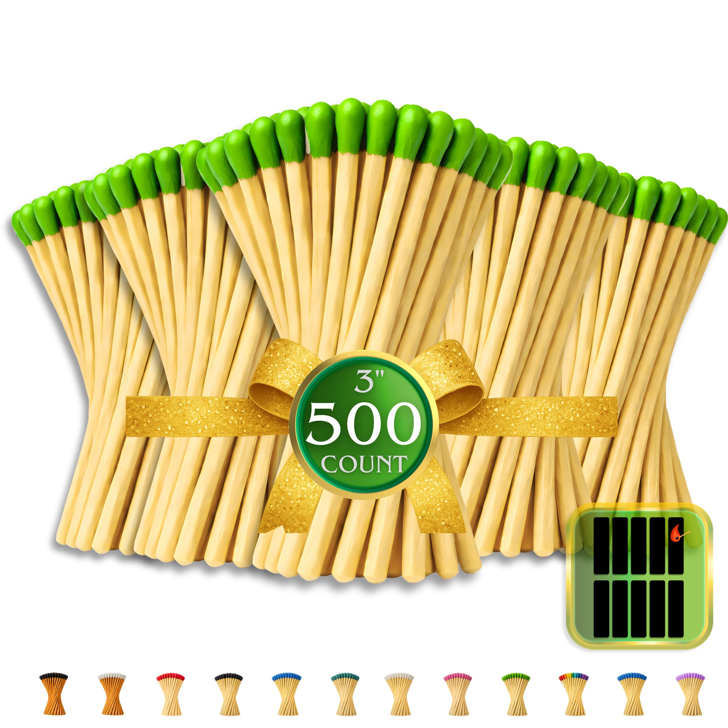 500 Count - 3" Long Green Color Matches | Three Inch Coloful Loose Wooden Safety Match Sticks for Candle Display | Refill Decorative Jar Holder Bottle | Striker Included