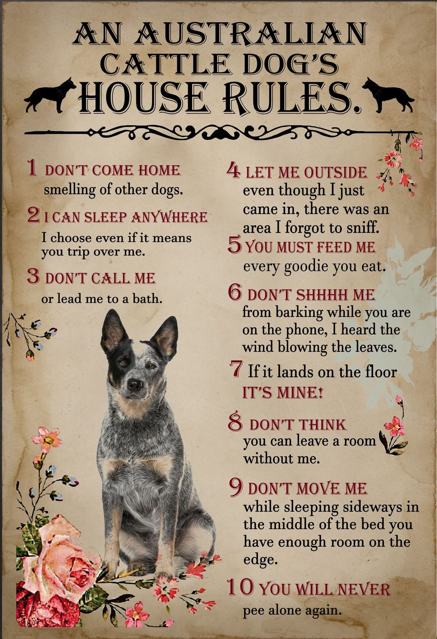 Affiche Déco Toile Satinée 'An Australian Cattle Dog's House Rules' - Art Mural