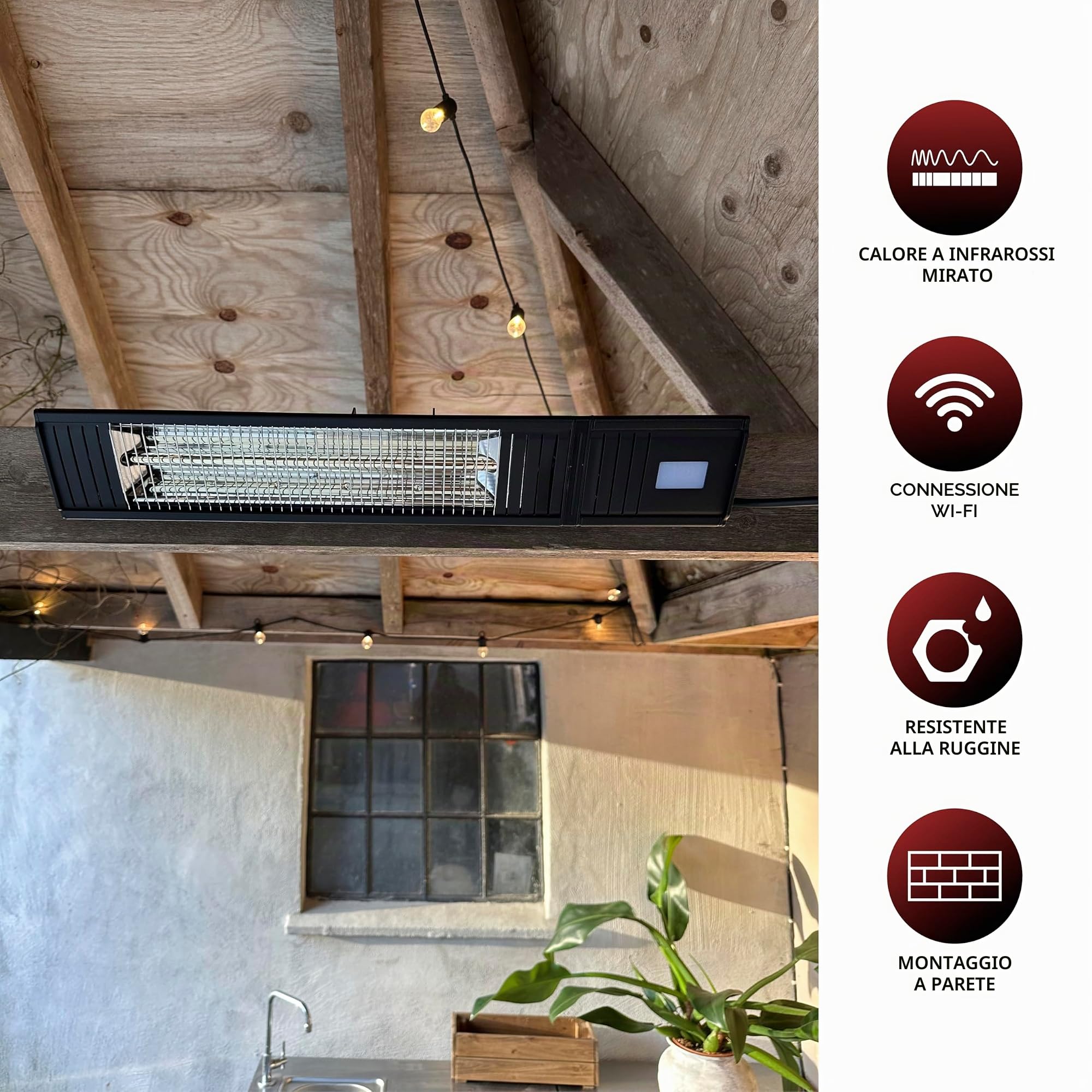 HOME It® Stufa da Esterno a Infrarossi 2000W con WiFi – Riscaldatore da Parete con Telecomando e App – Impermeabile IP65, 9 Livelli di Potenza, Timer 24H