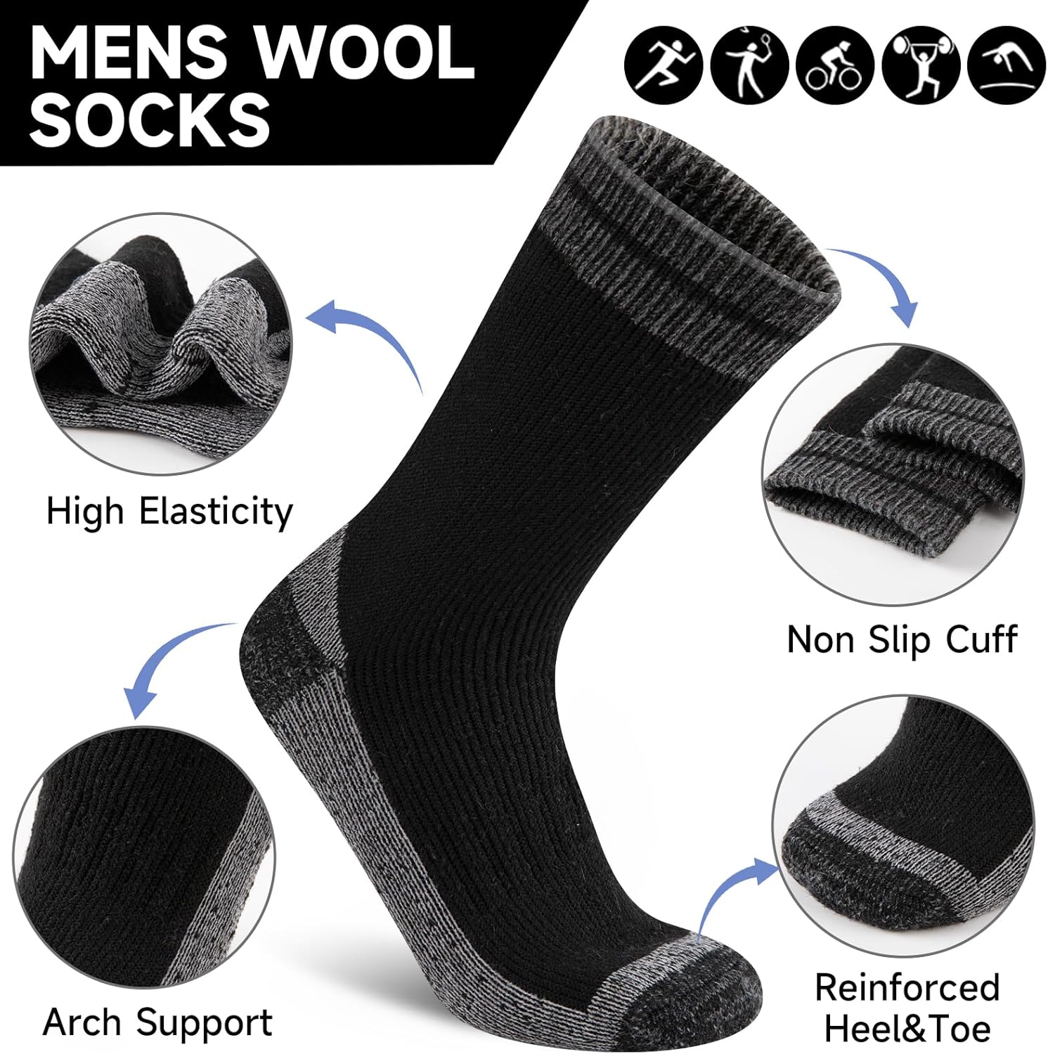 COOPLUS Merino Wool Hiking Socks for Men Thick Thermal Warm Crew Winter Mens Work Boot Socks 4 Pairs - Image 2