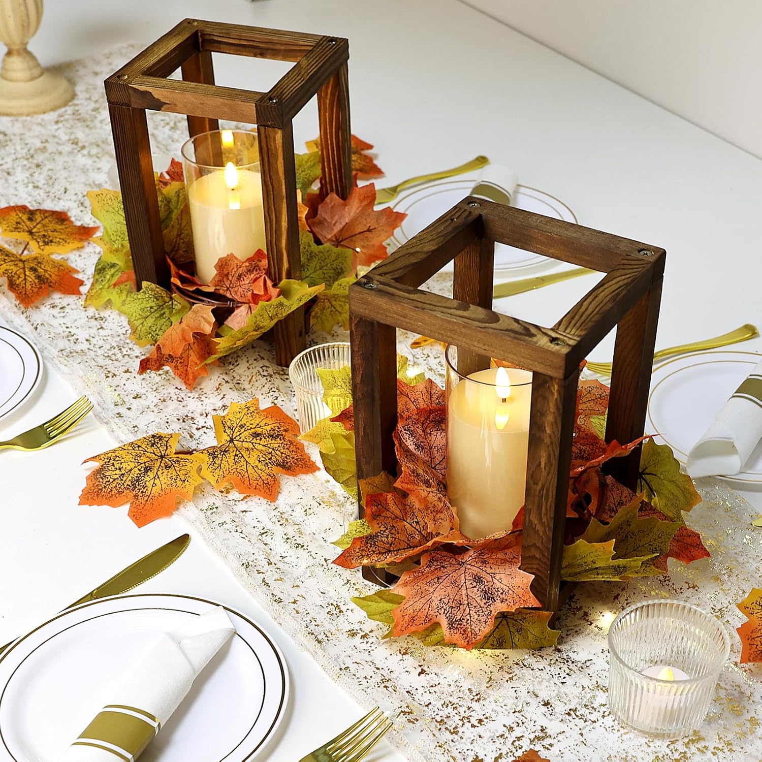 Fall Centerpiece - Wooden Candle Lantern Maple Leaf Candle Rings Wreaths with LED Candles