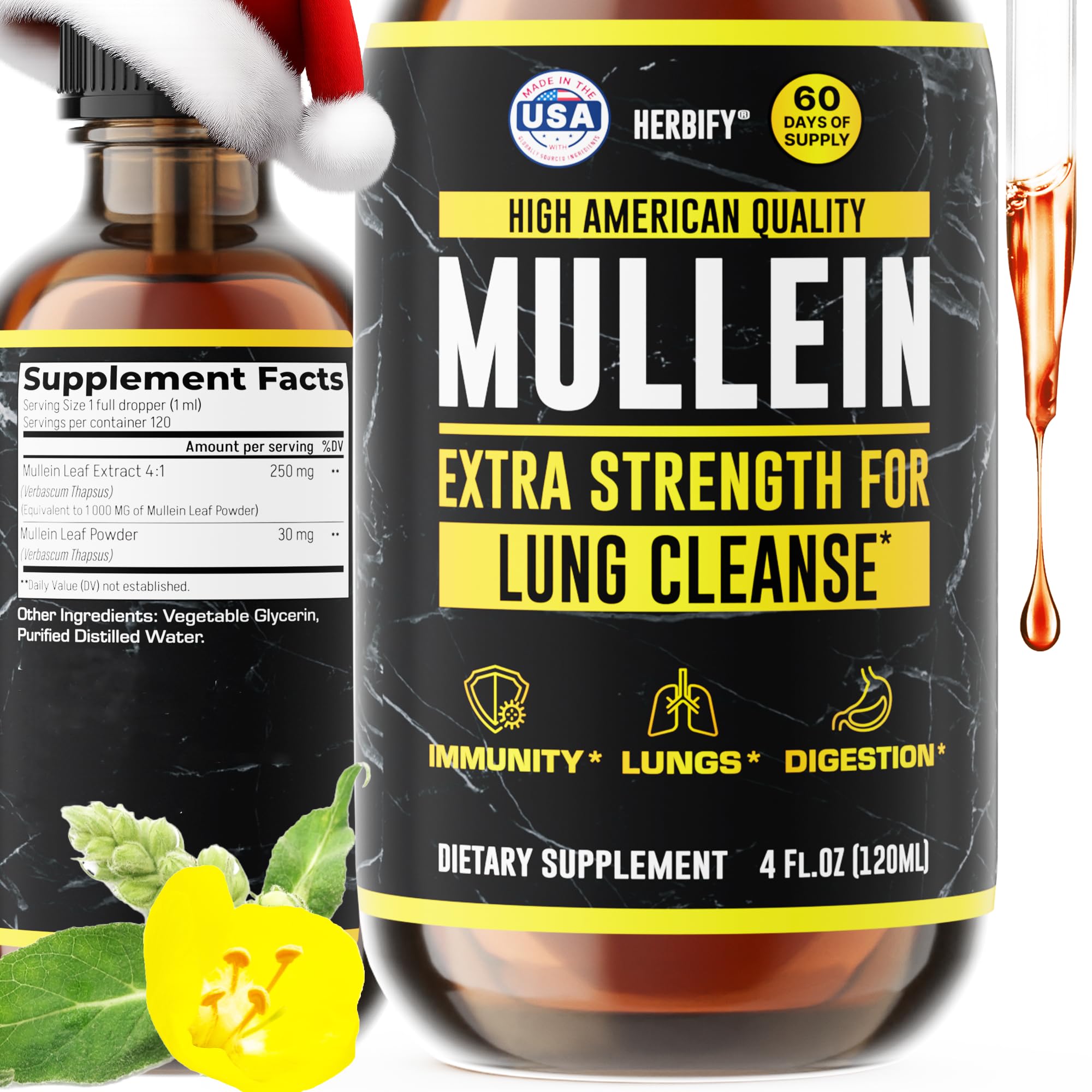 HERBIFY Mullein Drops - Lung Cleanse - Leaf Extract - Powerful Mullein for Immune Support,Detox & Respiratory Support - Made in USA - Lung Cleanse for Smokers - 4 Oz