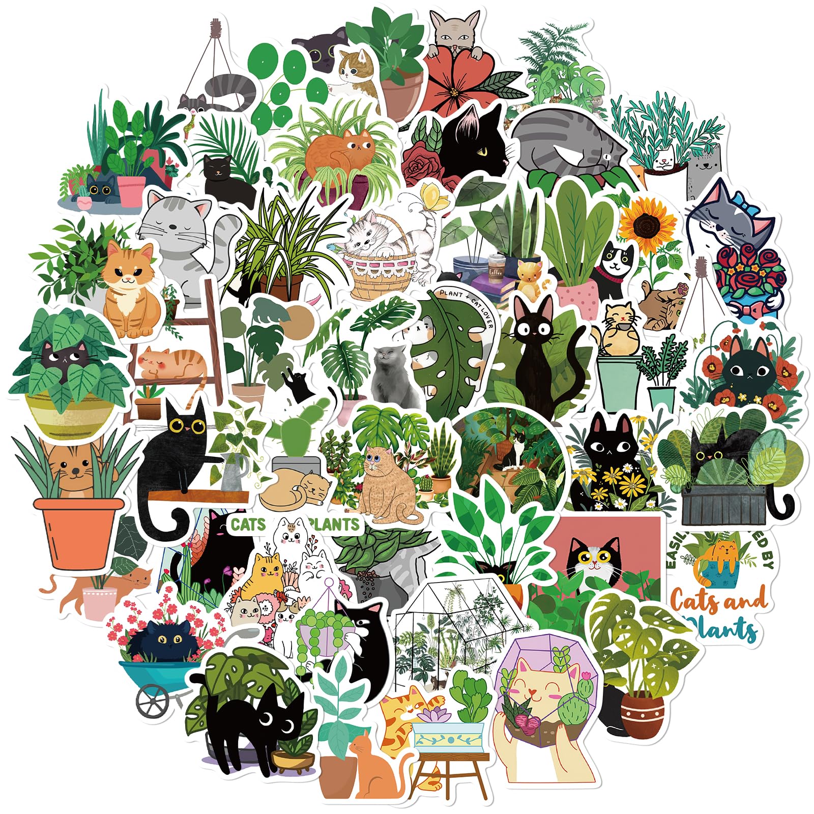 Amaxiu 50pcs Cats And Plants Stickers Vinyl Waterproof Cute Decals ...