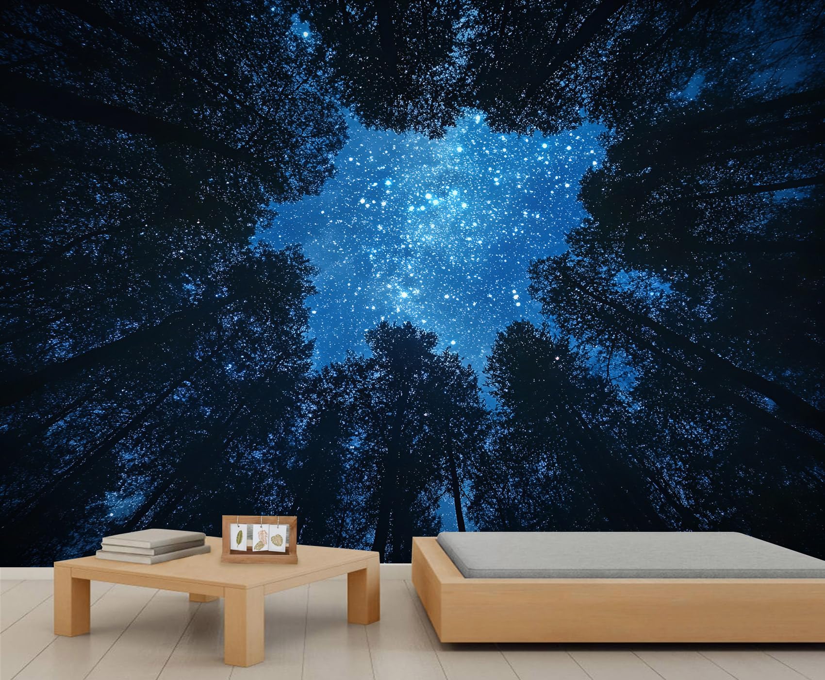 Forest Wall Murals 300x210cm Blue Starry Large Mural Night View Mural Wallpaper for Bedroom Forest Wall Decor (Not Peel n' Stick)