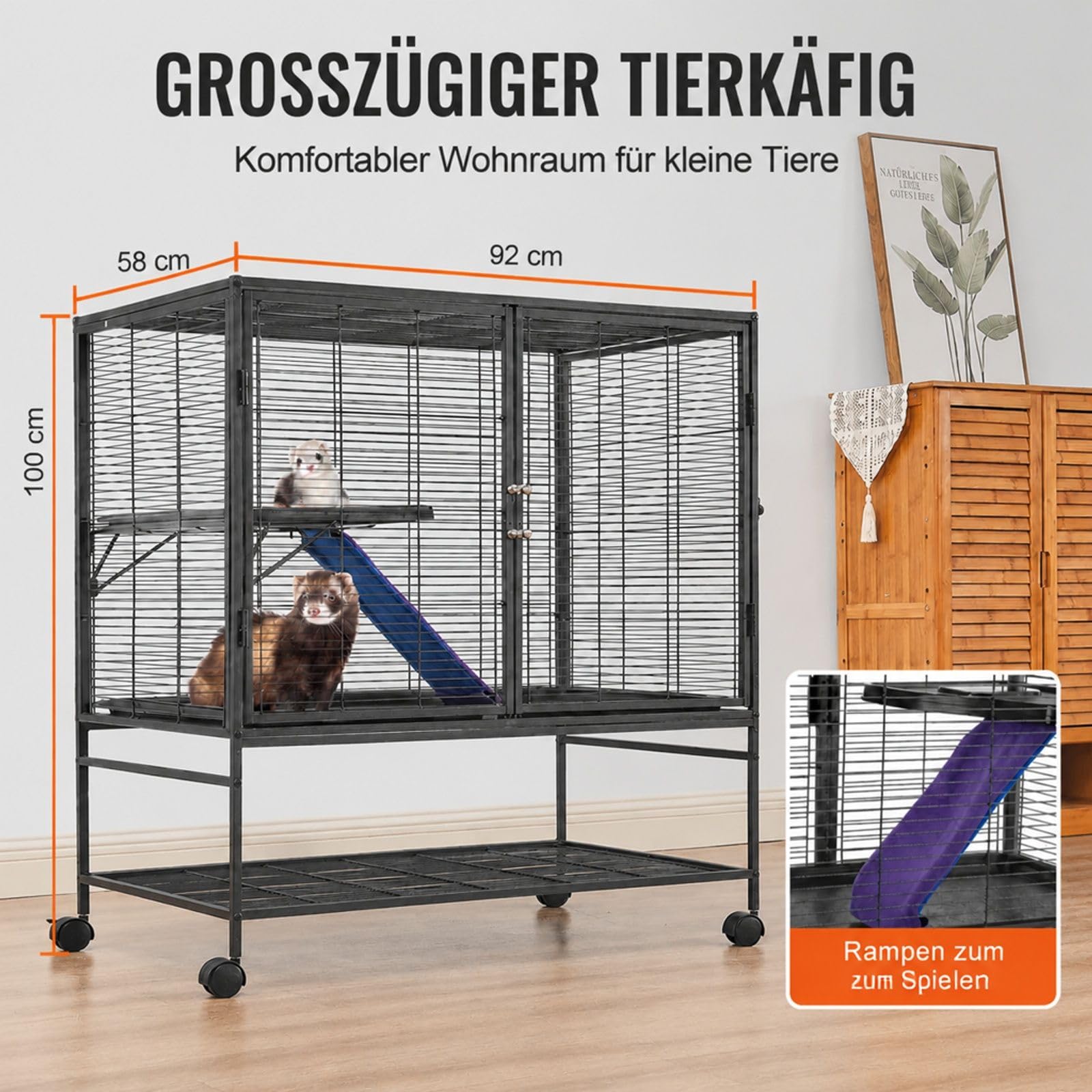 Frettchenkäfig 2-stöckig mit Tablett und Rampe für Kleintiere
